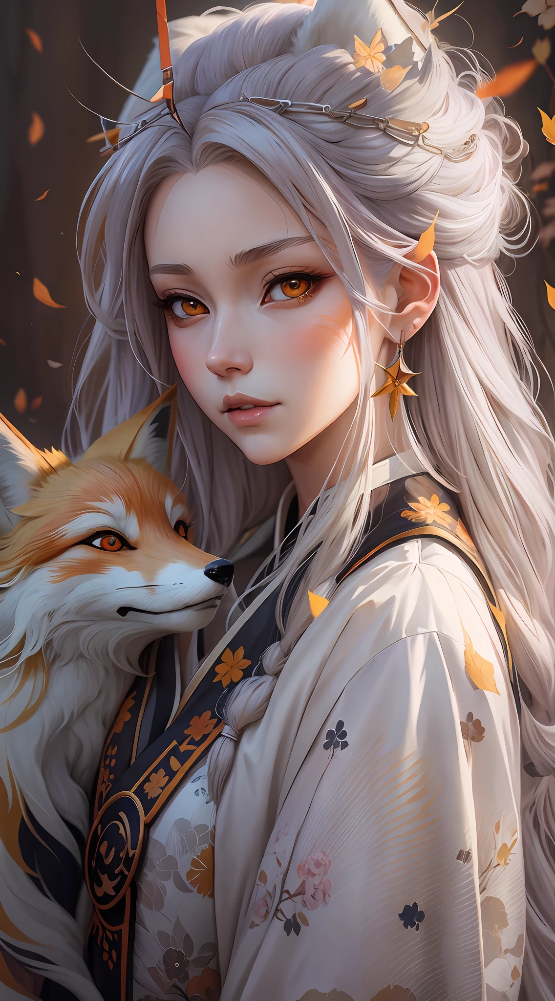anime girl with long white hair and fox, white - haired fox, a beautiful fox lady, girl with fox ears, artwork in the style of guweiz, a beautiful kitsune woman, guweiz, by Yang J, white fox, fox nobushi, kitsune, ethereal fox, by Fan Qi, white fox anime, beautiful character painting
