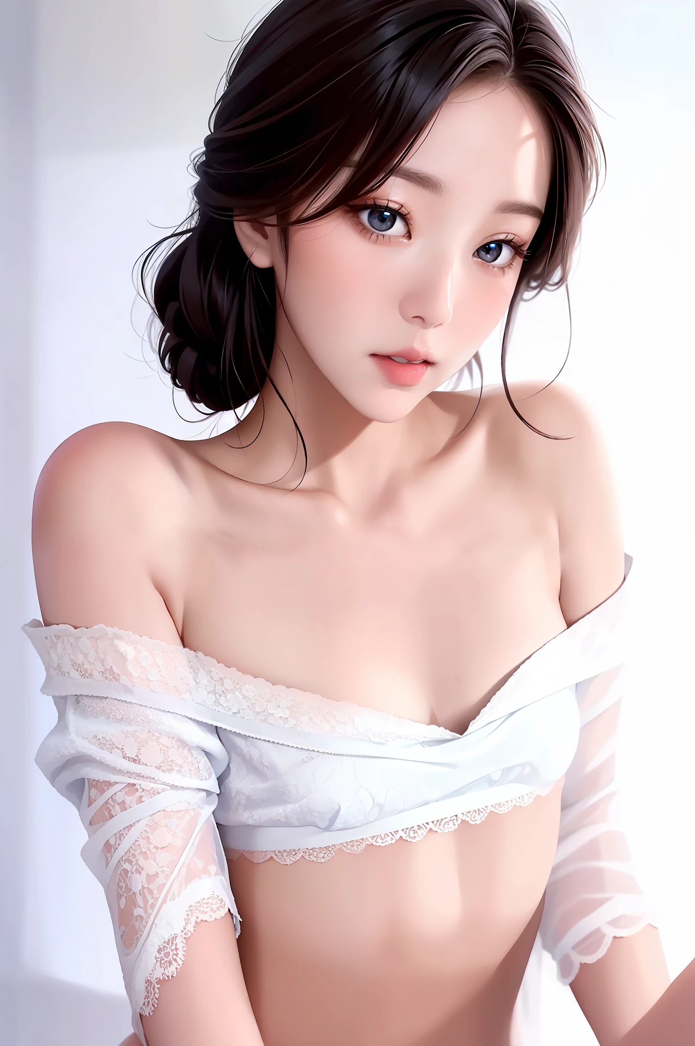 Fashion trendy beautiful and charming woman, gentle and charming Chinese beautiful woman, Korean(kpop-idol), delicate and sexy collarbone, charming oval face, double eyelids, smart [peach]blossom eyes, pink lips, small nose, bare shoulders, focus on the face, close-up of the face, Ultra-high-definition, super-detailed, the ((loose)), white off-the-shoulder shirt perfectly echoes the light blue high slit miniskirt, (chest cutout). ((black)lace panties), fresh and impressive, Natural(medium breasts:1.25), (nsfw:1.2)