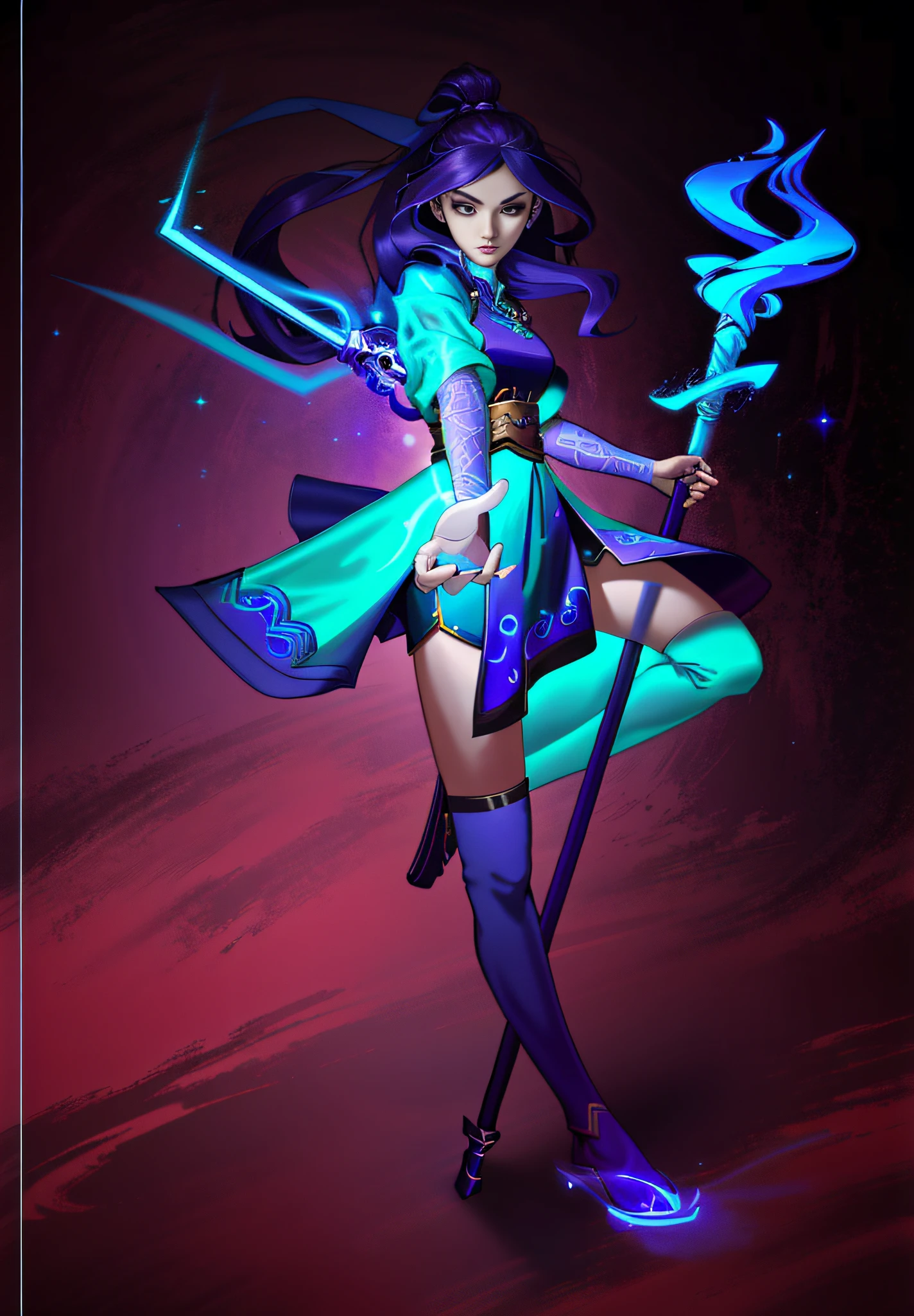 Best quality, high resolution, a girl with a staff, sharp line art, clean line art, female mage, detailed full body concept, as DND character, DND character concept, full body concept, character pose concept art, clear costume design, complex fantasy character, magical game background, quality light and shadow, portrayal of face details