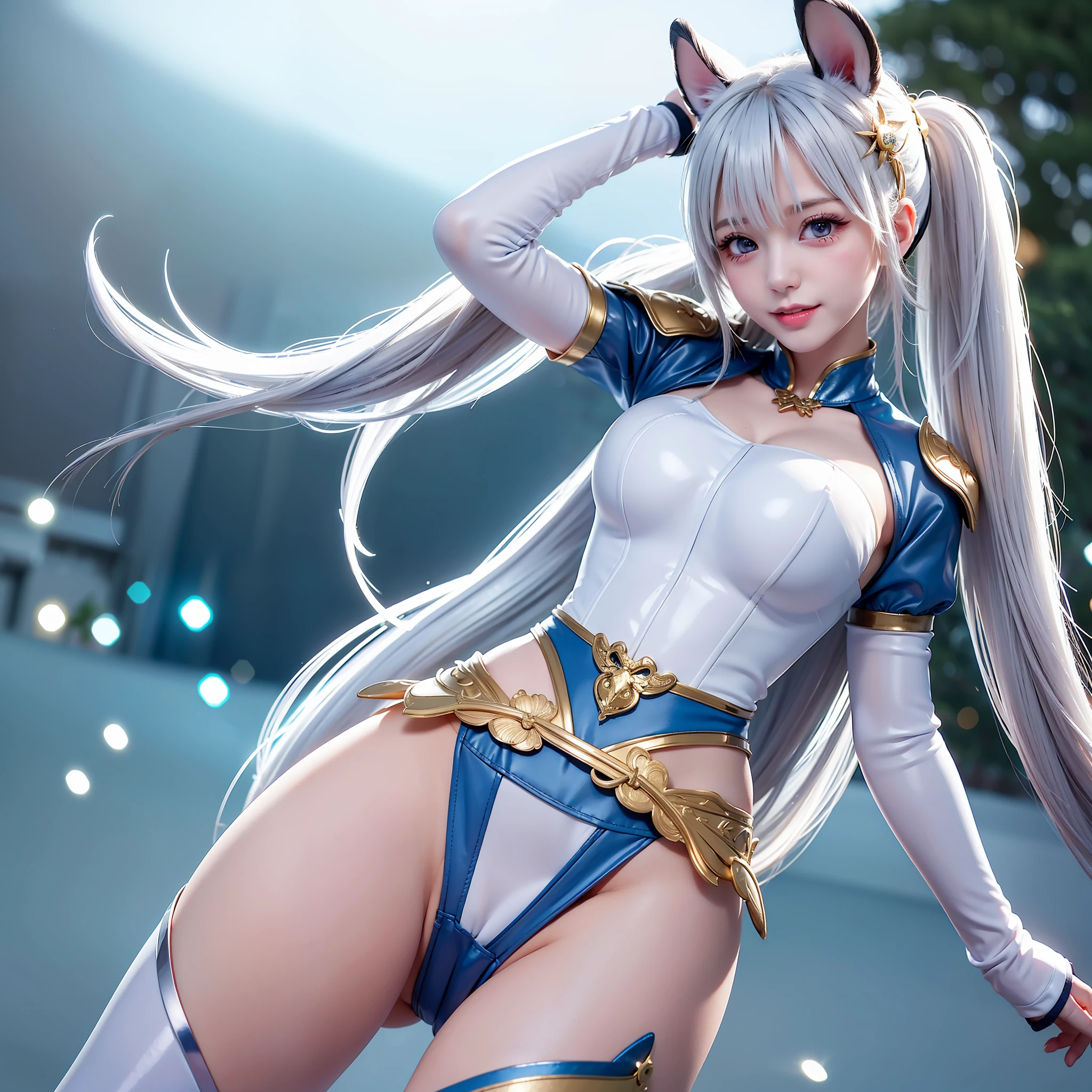 (RAW photo, best quality, mastery:1.2), (realistic, photo-realistic:1.4),(masterpiece:1.4),(best quality:1.4),1girl, solo, :d, animal ear headphones, animal ears, arms up, bangs, blush, blue tights, rabbit pose, clothes writing, covering the navel, denim shot, Short jacket, fake animal ears, gloves, outdoor, morning, snow, hair intake, headphones, impossible tights, impossible clothes, jacket, big breasts, latex, blue latex tights, long hair, long sleeves, looking at the audience, big breasts, multicolored gloves, open mouth, shiny clothes, shrugging \ (clothes\), sidelocks, tight, smile, thigh gap, thighs, double ponytail, very long hair, white gloves, white hair, alice \ (nikke\), (shiny skin), realistic,