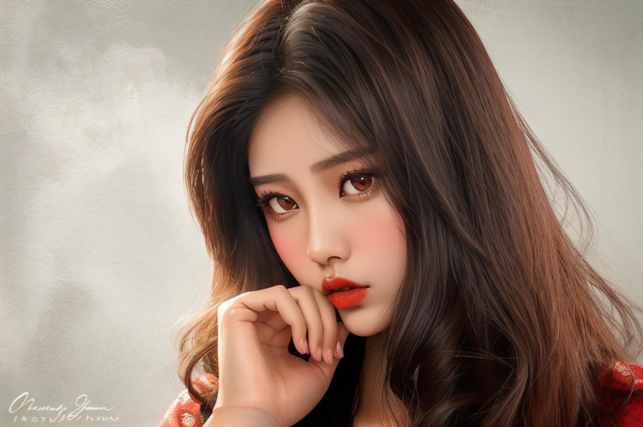 arafed woman with long brown hair and red lipstick posing for a picture, portrait of modern darna, actress, nivanh chanthara, cindy avelino, with lovely look, beuatiful face, a young asian woman, traditional art, photo of a beautiful woman, assamese, beautiful young himalayan woman, modeling photography, an asian woman