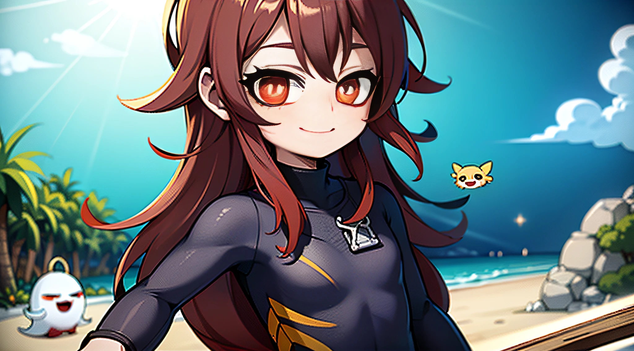 "Masterpiece, high quality, (anime), best quality, dynamic lighting, dynamic background, smiling, hu tao(genshin impact), brown hair, red eyes, star pupils, boo tao, glow from behind, very detailed face and eyes, ((wetsuit)), ((background: beach 1.4)), ((1girl)), dynamic pose, (((small chest))),