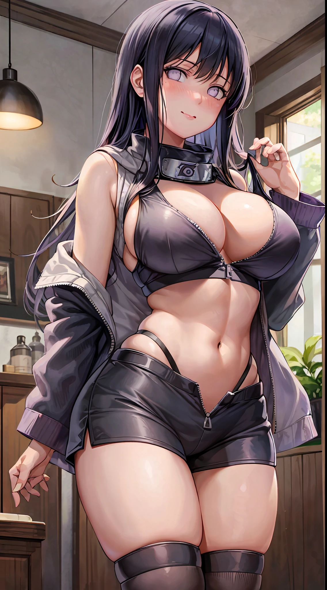 Masterpiece, highres, high Quality, detailed face, detailed body render, 1girl, solo, hyuuga hinata, hinata-sleeveless-outfit, large breasts, big breast, sleeveless shirt, fishnet top, dark lips, unzipped jacket, no bra, breasts out, nipple, standing, blushes, (on bedroom)