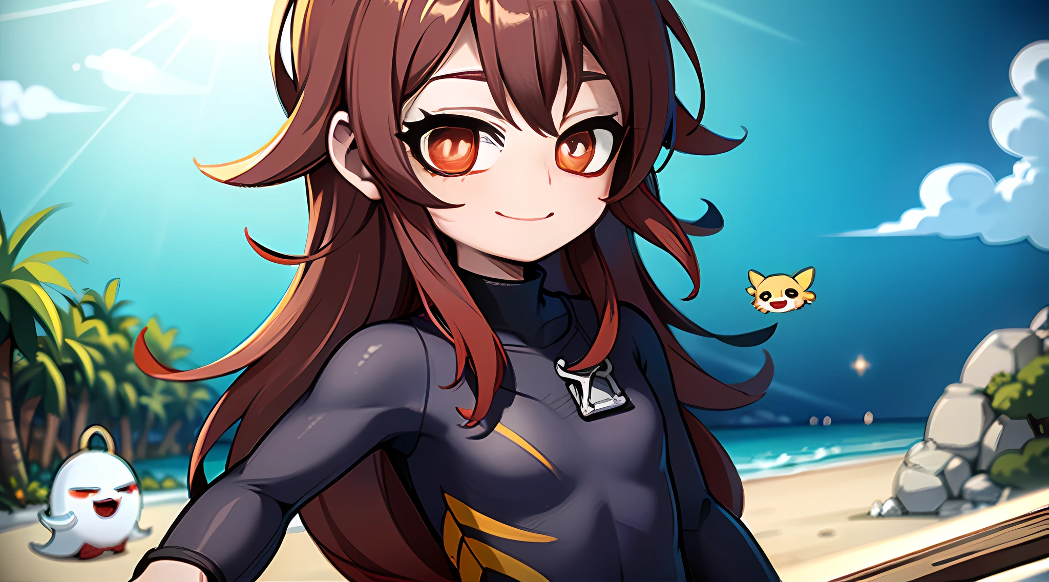 "Masterpiece, high quality, (anime), best quality, dynamic lighting, dynamic background, smiling, hu tao(genshin impact), brown hair, red eyes, star pupils, boo tao, glow from behind, very detailed face and eyes, ((wetsuit)), ((background: beach 1.4)), ((1girl)), dynamic pose, (((small chest))),