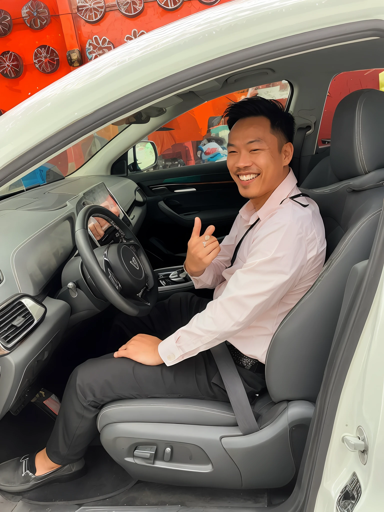 smiling man sitting in a car with his hand up, victor ngai, ๐คฌ ๐คฎ ๐ ๐, ๐น๏ธ ๐ ๐ซ ๐ค ๐ฌ, hoang long ly, hoang lap, ren heng, very very happy, bao pham, ๐๐คก, ๐น๏ธ ๐ ๐ฌ, with a happy expression, diy, steve zheng