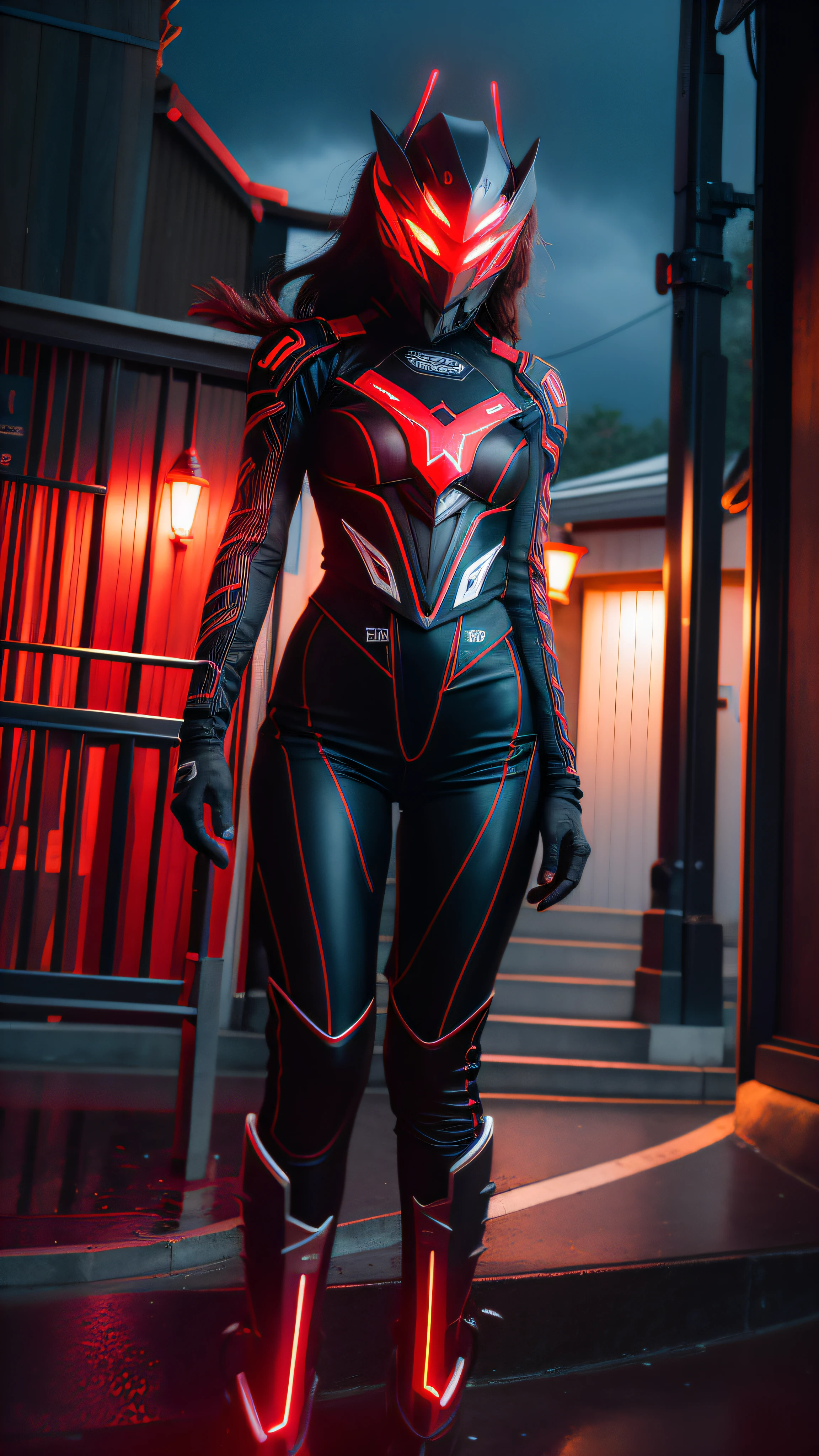 1 japanese girl, WARFRAME, intricate pattern, heavy metal, energy lines, faceless, glowing eyes, elegant, intense, blood red and black uniform, solo, modern, city, streets, dark clouds, thunderstorm, heavy rain,
dramatic lighting,
(masterpiece:1.2), best quality, high resolution,   beautiful detailed, extremely detailed, perfect lighting,