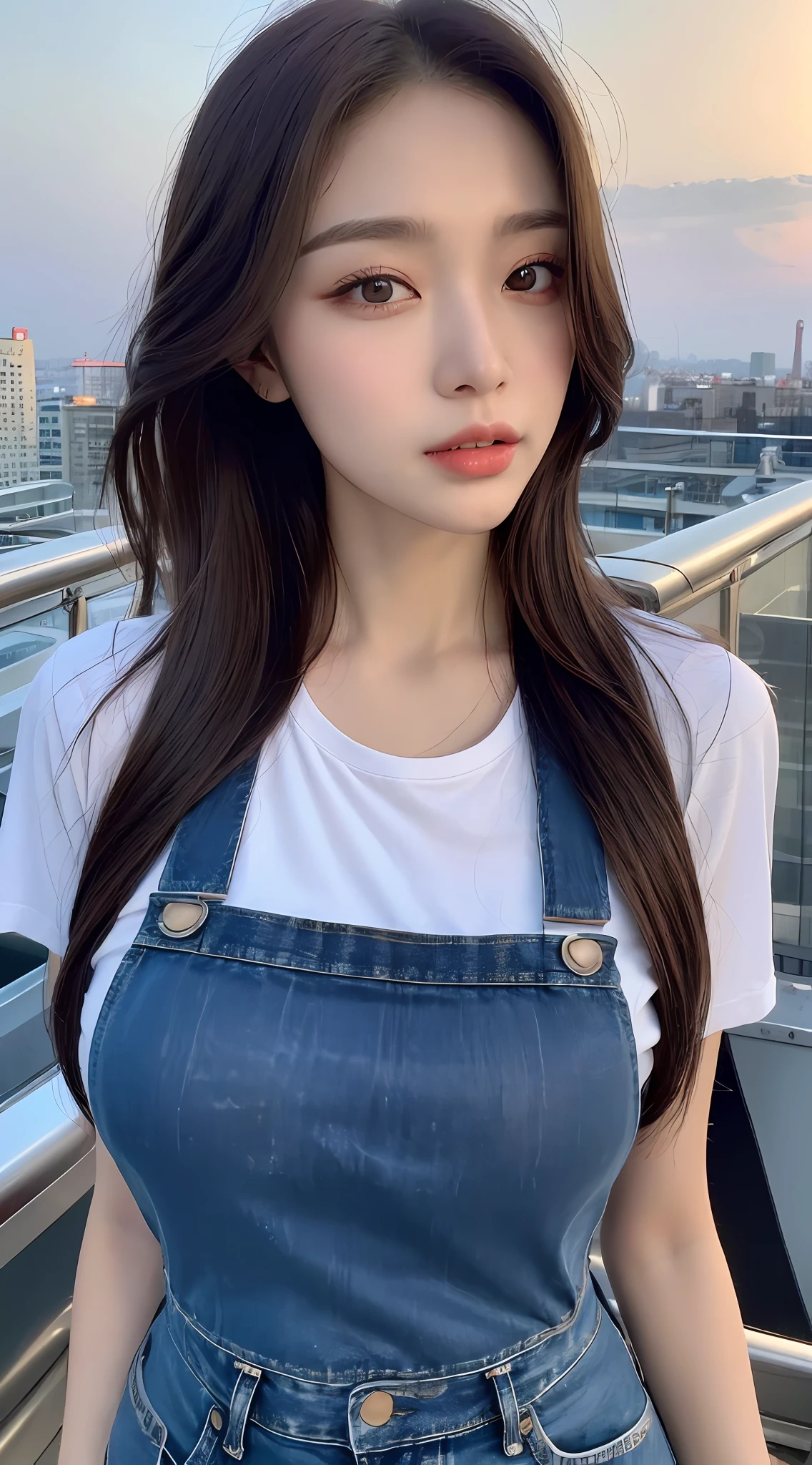 ((Midnight, Best quality, 8k, Masterpiece :1.3)), Whole body, Long legs, Sharp focus :1.2, A pretty woman with perfect figure :1.4, Slender abs :1.1, ((Dark brown hair,  :1.2)), (White tight tshirt, Jean bib, Standing:1.2), ((Night city view, Rooftop:1.3)), Highly detailed face and skin texture, Detailed eyes, Double eyelid