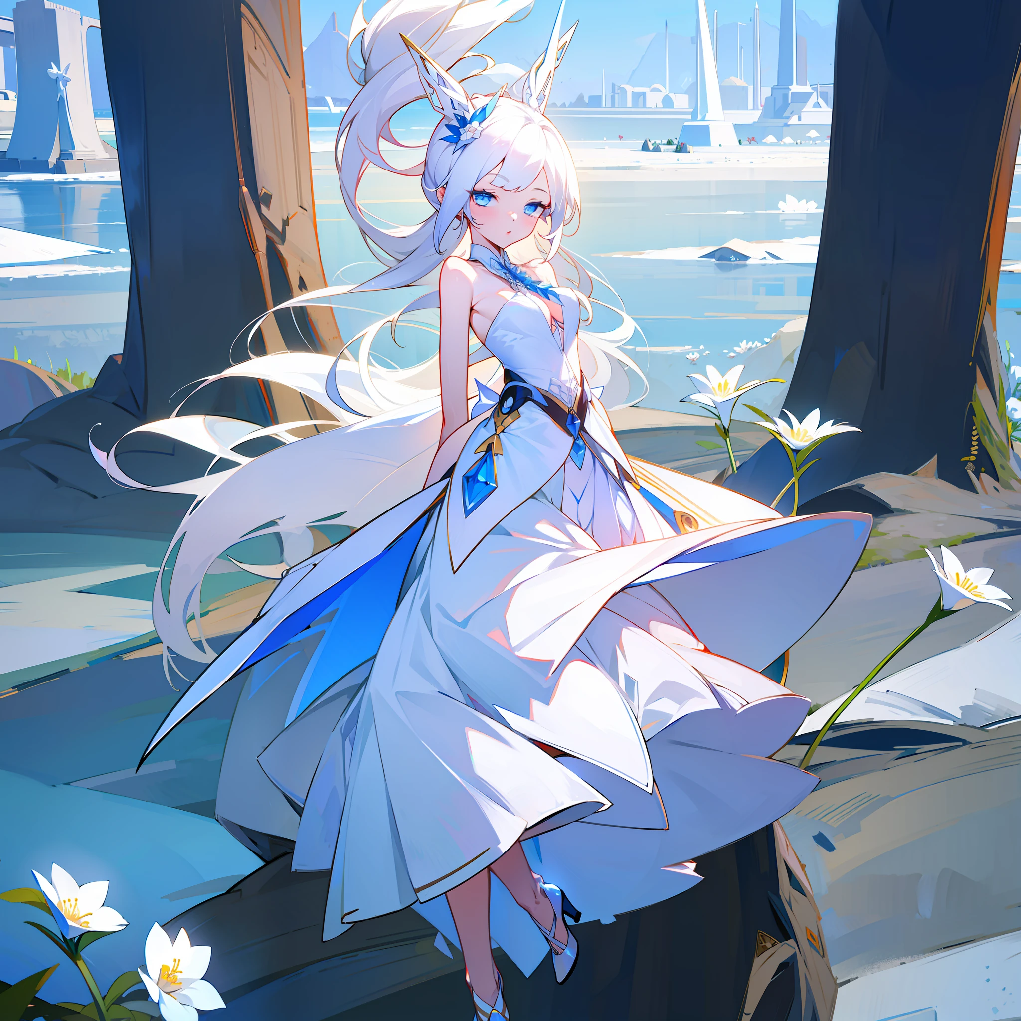 Long white hair, girl, top dress decorated with white and blue flowers, blue eyes, small white skirt, petite body, white high heels