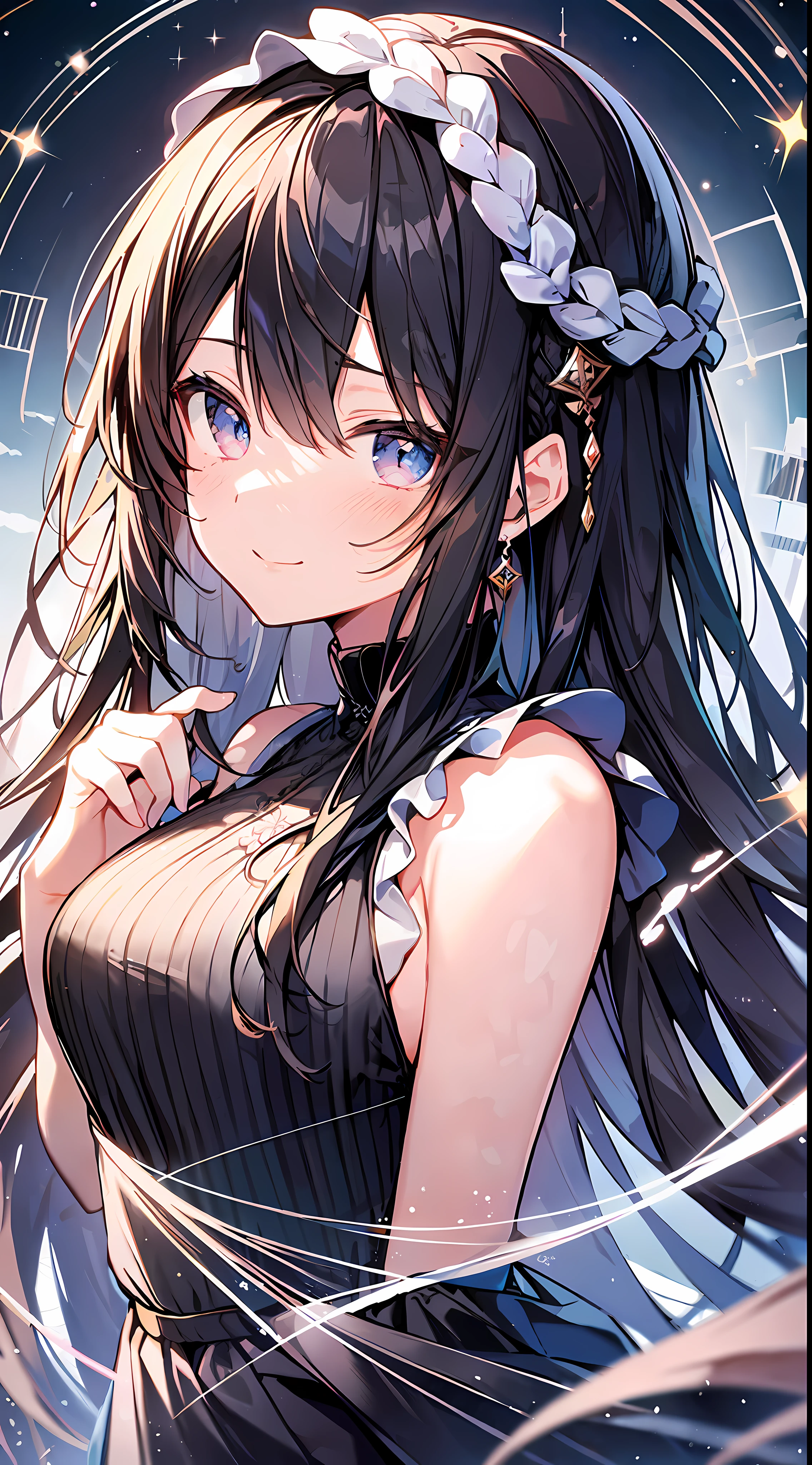 (Incredibly Absurdres Absolutely Resolution: 1.5), Top Quality, Masterpiece, Ultra High Definition, 8K, Early Summer, (Wide Pants, Sleeveless with Black Stripes), Shojo Manga Style , One, Soft Line Art, Digital Enhancement, Shojo Manga Touch, Shojo Manga Core, Flowing Fabric, Close Up, ( shoulder-length hair length and short braid)), soft drawing, fluffy, soft, beautiful black hair, clear eyes, (((gentle smile)), ultra-detailed digital anime art, clear face depiction, ultra-detailed shoujo manga character art, clear facial features, ultra-detailed manga style, top quality colors, hand gestures, angle visible to the feet, nature, zentangle: 1.3, entangle、beautiful and aesthetic:1.3、High quality:1.3