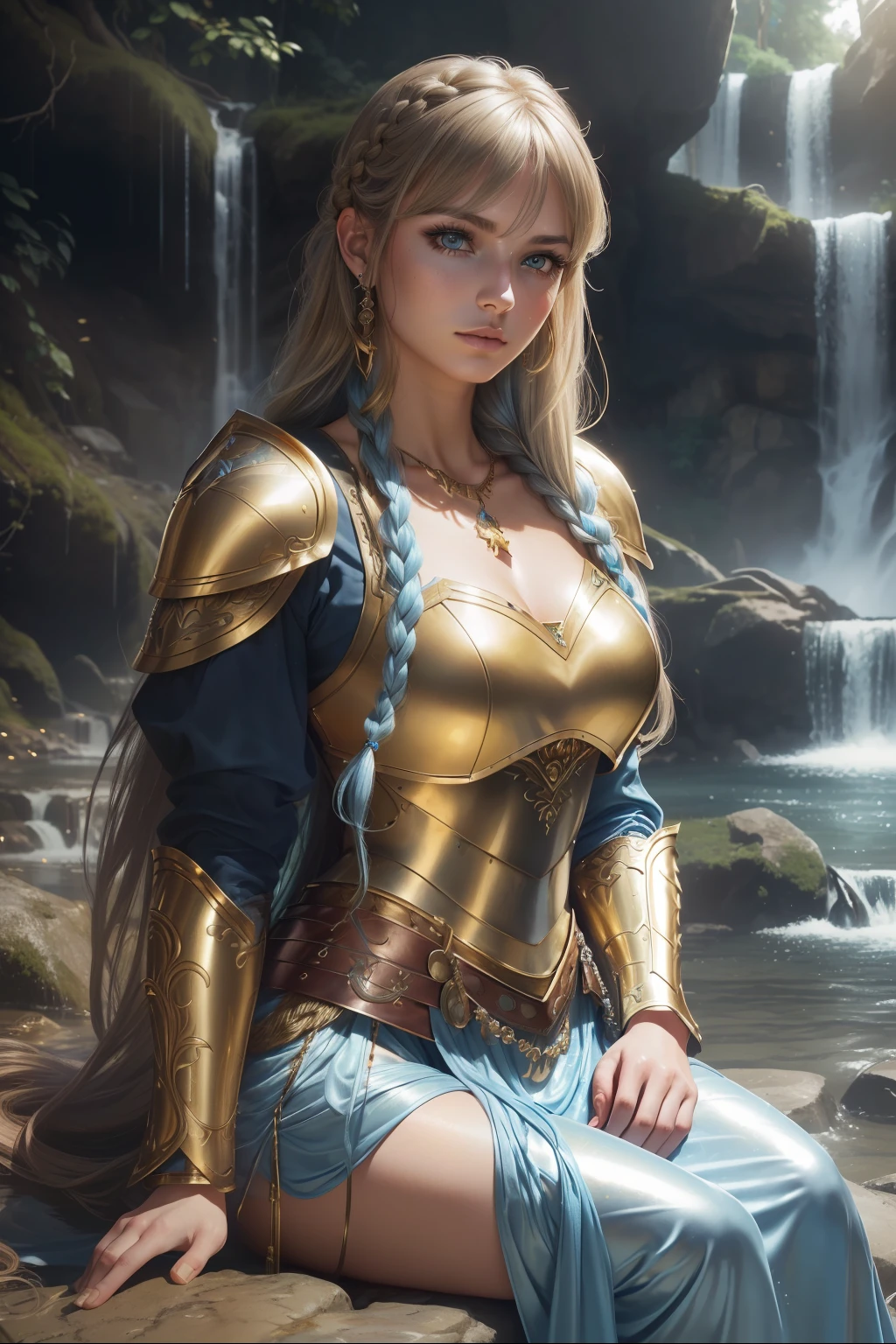 ((best quality, realistic photo, RAW photo, detailed skin and eyes, beautiful female, 20yo, beautiful makeup, natural light)), (loose gold metallic full armor), necklace, cowboy shot, sitting, female_orgasm, light blue side braid long hair, (detailed bang), (Waterfall background)