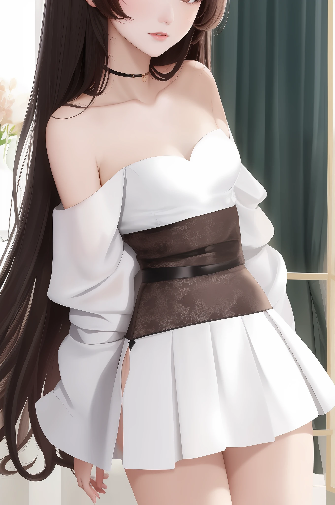 Fashion trendy beautiful and charming woman, gentle and charming Chinese beautiful woman, Korean(kpop-idol), delicate and sexy collarbone, charming oval face, double eyelids, smart [peach]blossom eyes, pink lips, small nose, bare shoulders, focus on the face, close-up of the face, Ultra-high-definition, super-detailed, the ((loose)), white off-the-shoulder shirt perfectly echoes the light blue high slit miniskirt, (chest cutout). ((black)lace panties), fresh and impressive, Natural(medium breasts:1.25), (nsfw:1.2)