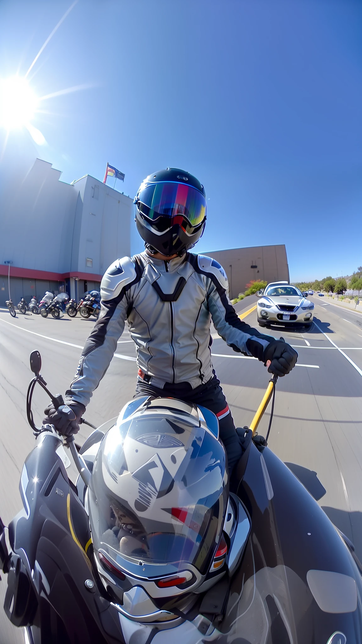araffe on a motorcycle in a parking lot with a helmet on, riding a motorcycle, shot on gopro9, riding a motorbike down a street, riding a motorbike, riding on the road, riding a futuristic motorcycle, 3 6 0 capture, sitting on a motorcycle, taken on go pro hero8, go pro footage, high fov