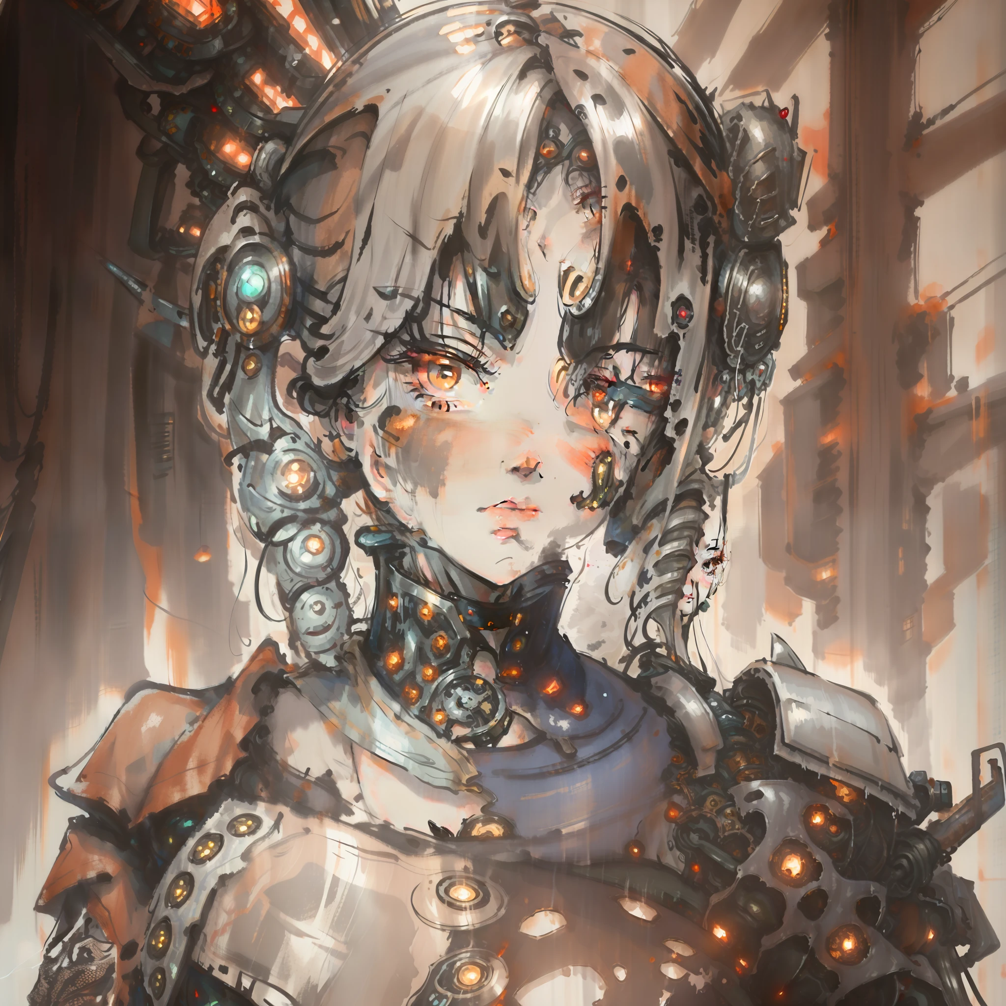 old, female robot, metal, rust, wisible wires, destroyed, sad, dark, dirty, looking at viewer, portrait, photography, detailed skin, realistic, photo-realistic, 8k, highly detailed, full length frame, High detail RAW color art, piercing, diffused soft lighting, shallow depth of field, sharp focus, hyperrealism, cinematic lighting