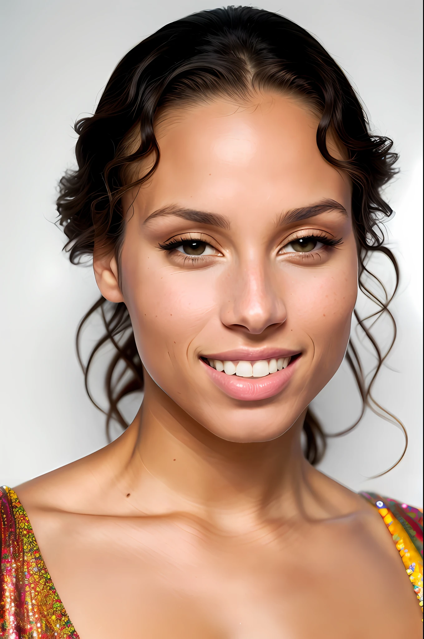 award winning fashion photo, photograph, ultra photorealistic, photorealism, real upper body portrait of alicia keys, (wearing casual dress), beautiful face, real her body shape, real her face shape, real her eyes color, real her anatomy, (simply white background), beautiful design, from the front, extremely detailed pores and skin texture, amazing fine detail, absurdres, hyper realistic lifelike texture, expressive look, smiling seductively, best quality, sexy, sharp focus, looking at viewer, dramatic lighting, studio lighting, cinestill, film grain, taken with hasselblad H6D 100c, the HCD 24mm lens, by Mario Testino, medium shot