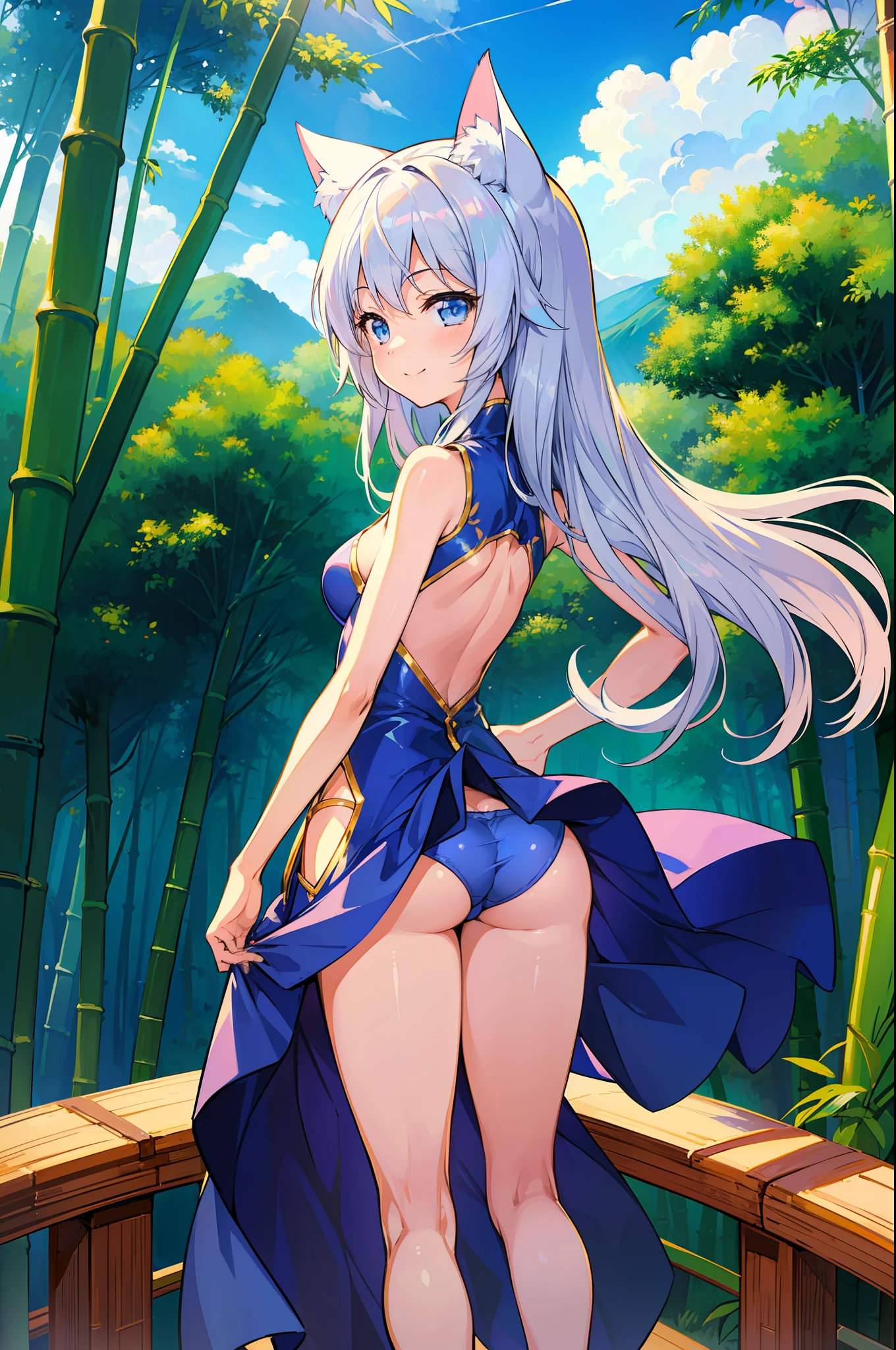 (Masterpiece), (Top Quality Anime Illustrations), (Ultra High Definition CG), One Girl, Solo, Beautiful Girl with Silver Hair, Anime , Cat Ear Lolitite, Thigh Emphasis, Light Blue and Gold and Silver Cheongsam, Side Breasts, Side, Low Rise Panties, Smile, Buttocks, Buttocks Up, Back Cutout, Bamboo Forest