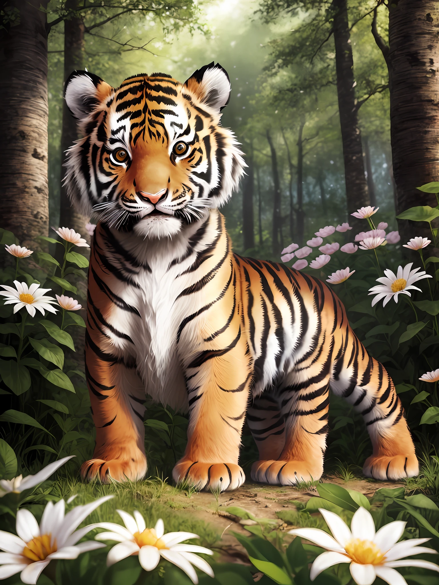 epic realistic photography, a drawing of a cute (little baby:1.2) (tiger) surrounded by beautiful  flowers and trees in a forest clearing