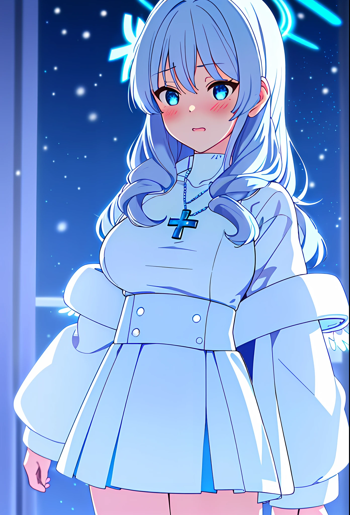(sunaookami shiroko:1.2), {{{{masterpiece, extremely detailed, intricate details, soft focus, 8K, highres, depth of field, absurdres, high quality facial shadowing, dynamic shadowing, extreme shaders, cinematic lighting, perfect lighting, soft lighting, hazy lighting, blurry foreground, lens flare}}}}, best quality, asian qualities, {front view}, (solo:1.2), (beautiful young girl:1.3), high school girl, {{{extremely detailed girl, perfect anatomy, perfect body}}}, (detailed neon angel halo:1.4), bright blue double halo, (beautiful-detailed hair:1.3), dark silver hair, luscious curly hair, (hair splayed out:1.2), beautiful-detailed facial structure, detailed beautiful face:1.3, sexy face, cute face, slender facial structure, (detailed face:1.33), (beautiful-detailed eyes:0.7), big eyes, (detailed eyes:1.2), glowing bright blue eyes, cat eyes, silver cat ears, (detailed boobs:1.3), small size boobs, (detailed facial expression:1.1), shy, slightly open mouth, detailed red blush, shy hand gesture, (detailed hair ornament:1.3), (white angel side hair ornament:1.3), (detailed necklace:1.2), (glowing blue cross necklace:1.3), (winter school uniform:1.3), beautiful-detailed pure white off-shoulder fluffy school jacket, beautiful-detailed white blouse, beautiful-detailed white winter mini-skirt dress, winter night, (enhanced background:1.4), snow falling at midnight with clear skies overhead, snow on sidewalks with Christmas lights on tree's surrounded the viewer, (cowboy shot:1.1), hazy photo, (warm photo:1.3)