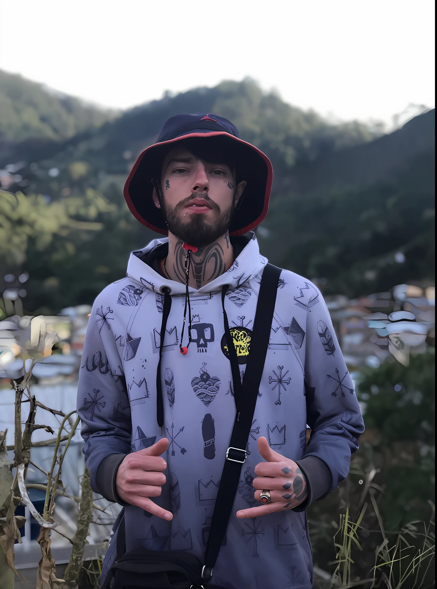 there is a man with a tattoo on his chest and a hat on, lil peep, mac miller, the last portrait of mac miller, wearing shipibo tattoos, nick silva, guapo, felix englund style, post malone, profile picture 1024px, location ( favela ), inspired by Nathan Oliveira, jay bauman