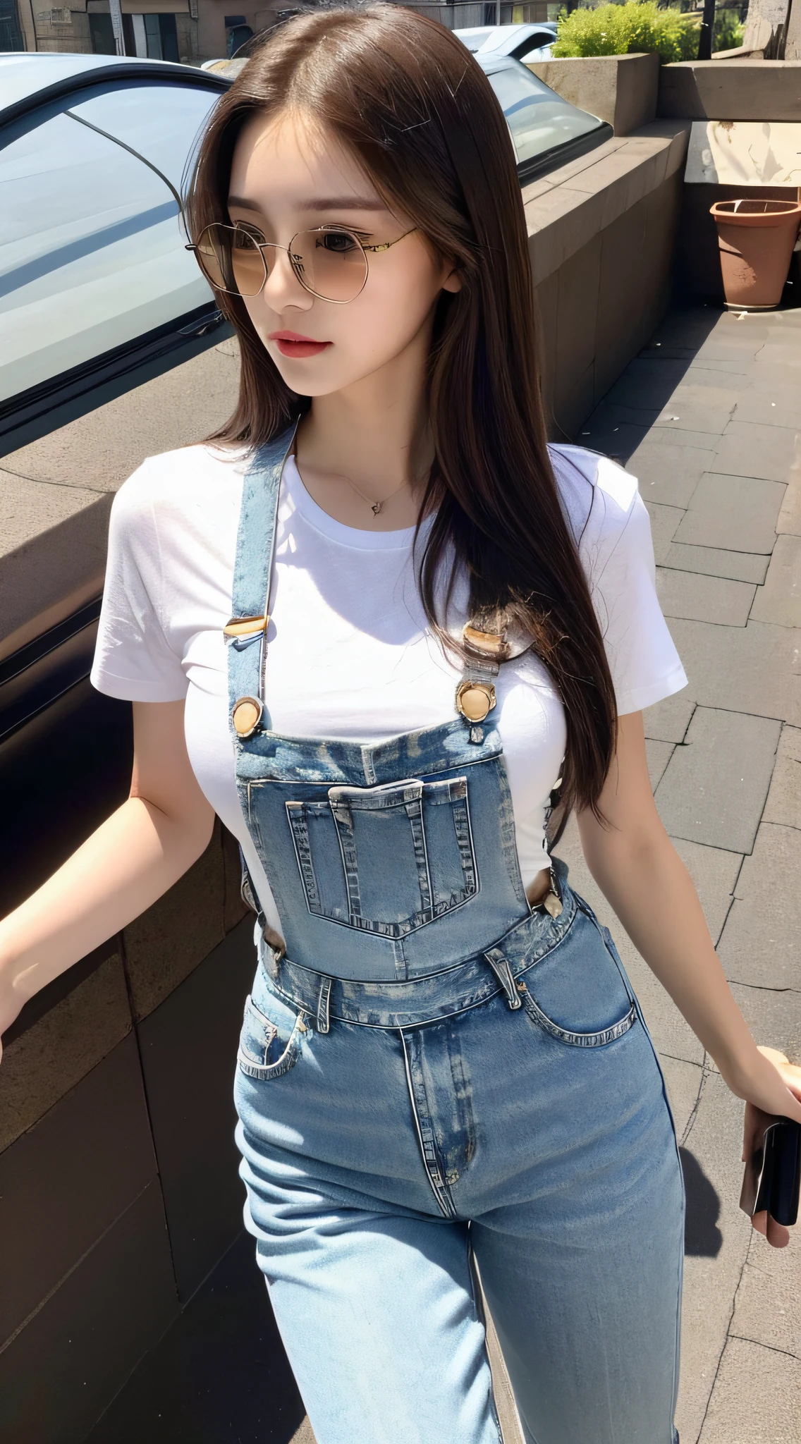 (Daytime, Premium, 8K, Masterpiece:1.3)), Full body, Long legs, Focal length: 1.2, Perfect Body Beauty: 1.4, Slim Abs: 1.1, ((Dark Brown Hair, Big Breasts: 1.2 )), (White Skinny T-shirt, Denim Suspenders, Standing: 1.2), ((City, Roof: 1.3)), Highly detailed facial and skin texture, Delicate eyes, Double eyelids, wearing gold glasses, long flying hair