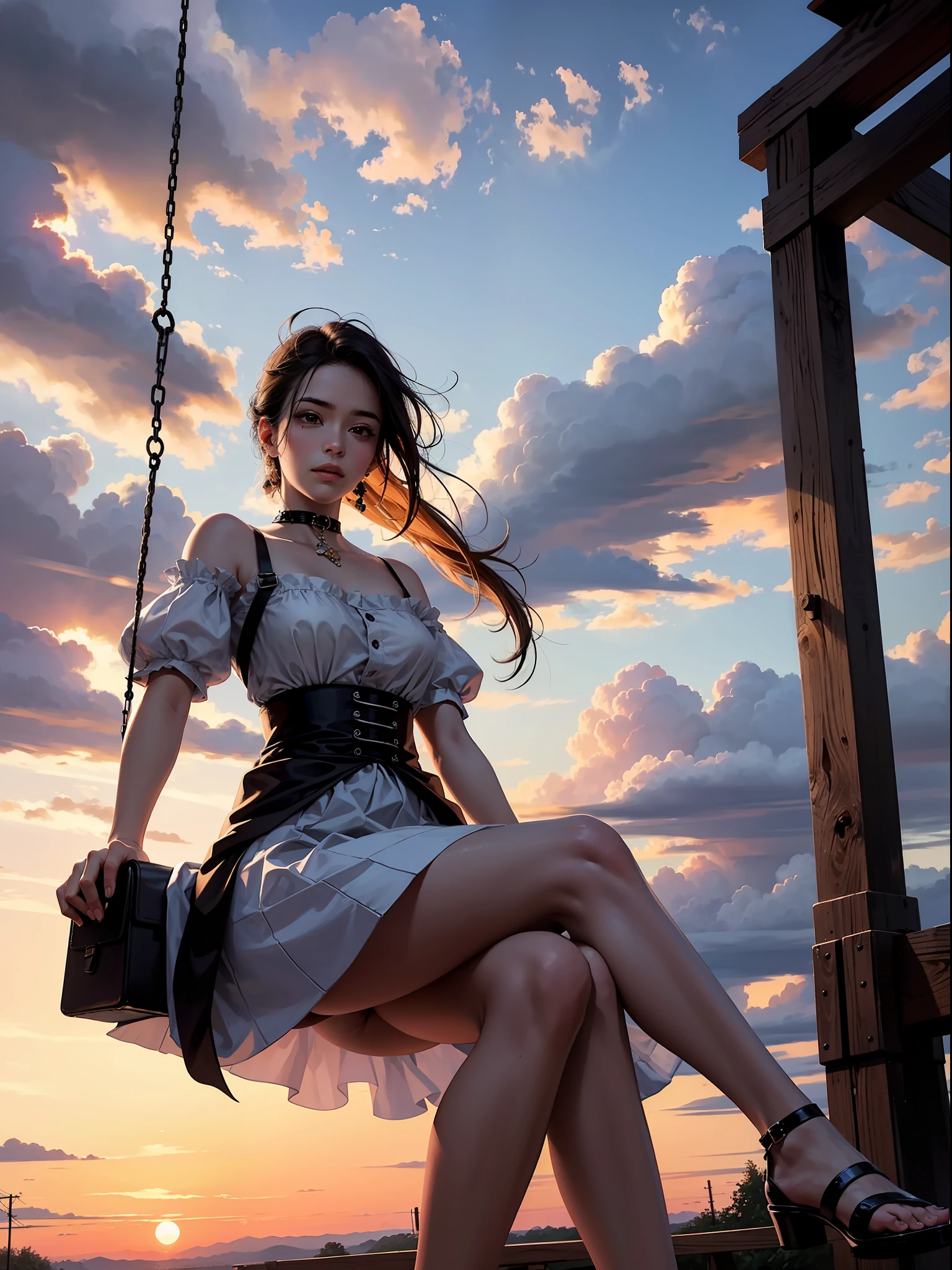 1 beauty sitting on a swing, delicate facial features, scene: dusk, clouds,