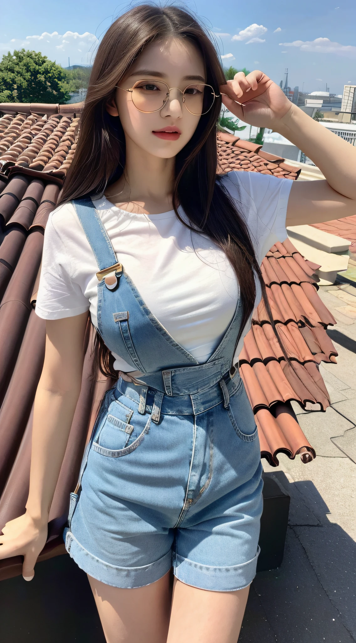 (Daytime, Premium, 8K, Masterpiece:1.3)), Full body, Long legs, Focal length: 1.2, Perfect Body Beauty: 1.4, Slim Abs: 1.1, ((Dark Brown Hair, Big Breasts: 1.2 )), (White Skinny T-shirt, Denim Suspenders, Standing: 1.2), ((City, Roof: 1.3)), Highly detailed facial and skin texture, Delicate eyes, Double eyelids, wearing gold glasses, long flying hair