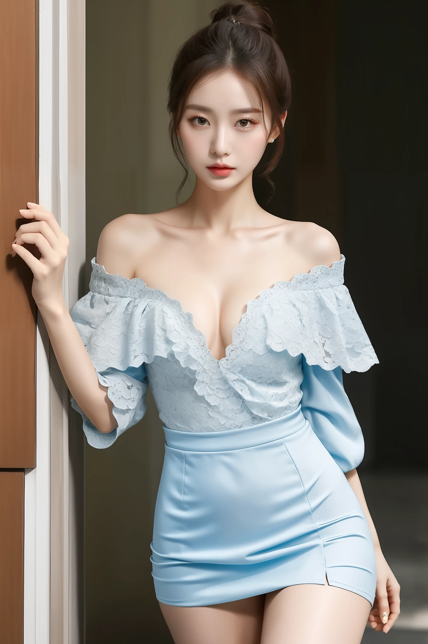 Fashion trendy beautiful and charming woman, gentle and charming Chinese beautiful woman, Korean(kpop-idol), delicate and sexy collarbone, charming oval face, double eyelids, smart [peach]blossom eyes, pink lips, small nose, bare shoulders, focus on the face, close-up of the face, Ultra-high-definition, super-detailed, the ((loose)), white off-the-shoulder shirt perfectly echoes the light blue high slit miniskirt, (chest cutout). ((black)lace panties), fresh and impressive, Natural(medium breasts:1.25), (nsfw:1.2)