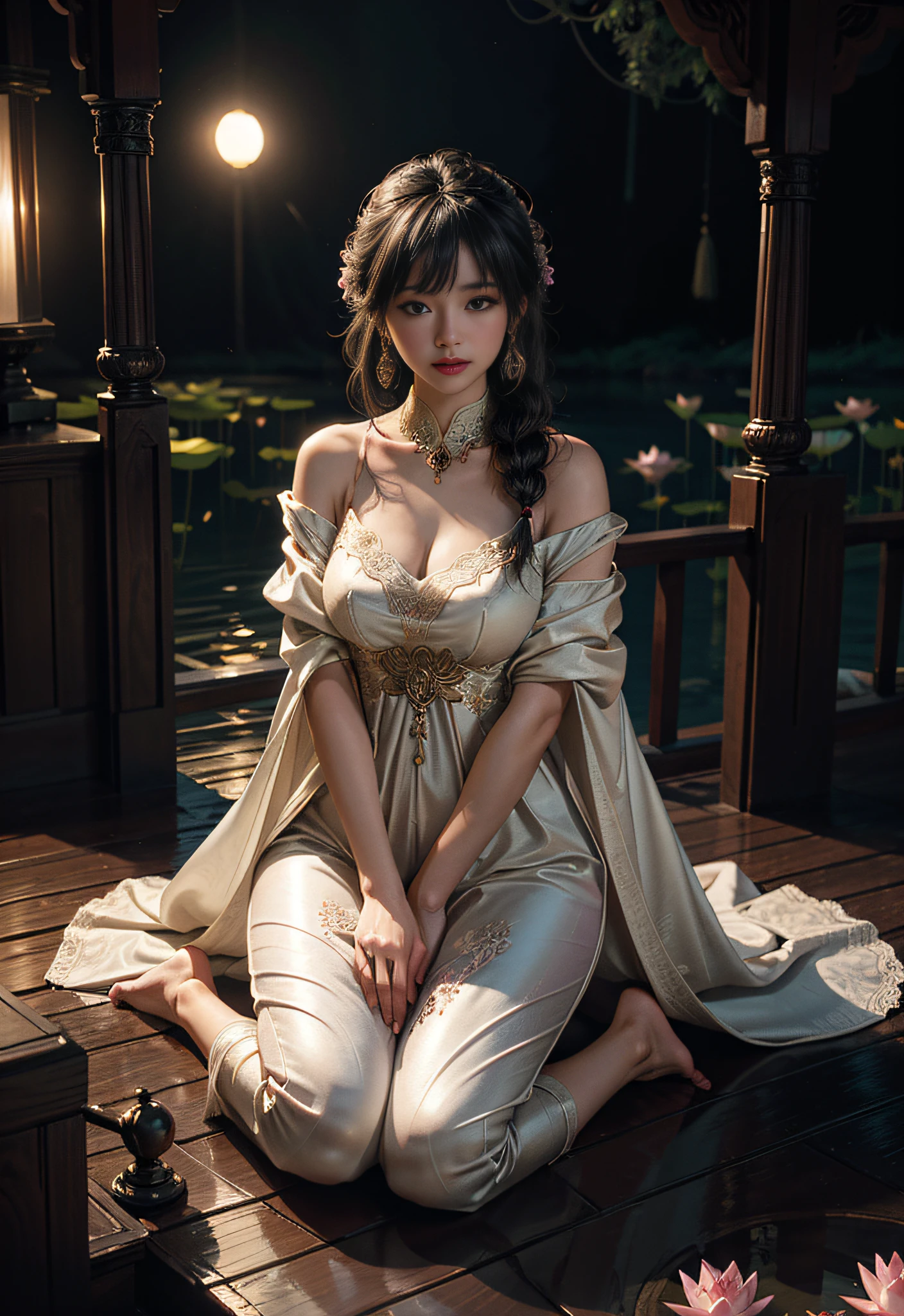 Kneeling in a lotus pond, lots and lots of lotus flowers, art depicts a charming woman in a flowing, silky traditional oriental dress in pink, tight translucent trousers, decorated with intricate patterns and bright colors. Her dress drapes elegantly over her curvy figure, accentuating her seductive silhouette. She knelt gracefully by the tranquil lotus lake, bathed in the soft glow of the moonlight. The scene exudes an ethereal and dreamy atmosphere, with a touch of mystery and sexiness. The graphic style blends watercolor and digital illustration techniques to evoke a refined beauty and charm. The lights are filled with soft moonlight, casting soft highlights and shadows on her charming features. Bare thighs, wearing tight translucent pants, large breasts, three-dimensional facial features, kneeling, upturned legs, side braids