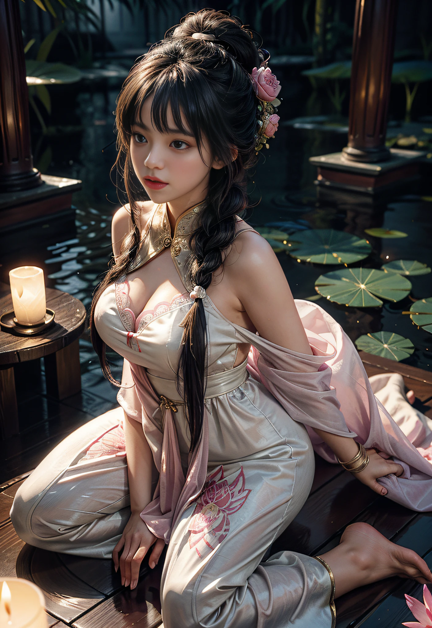Kneeling in a lotus pond, lots and lots of lotus flowers, art depicts a charming woman in a flowing, silky traditional oriental dress in pink, tight translucent trousers, decorated with intricate patterns and bright colors. Her dress drapes elegantly over her curvy figure, accentuating her seductive silhouette. She knelt gracefully by the tranquil lotus lake, bathed in the soft glow of the moonlight. The scene exudes an ethereal and dreamy atmosphere, with a touch of mystery and sexiness. The graphic style blends watercolor and digital illustration techniques to evoke a refined beauty and charm. The lights are filled with soft moonlight, casting soft highlights and shadows on her charming features. Bare thighs, wearing tight translucent pants, large breasts, three-dimensional facial features, kneeling, upturned legs, side braids