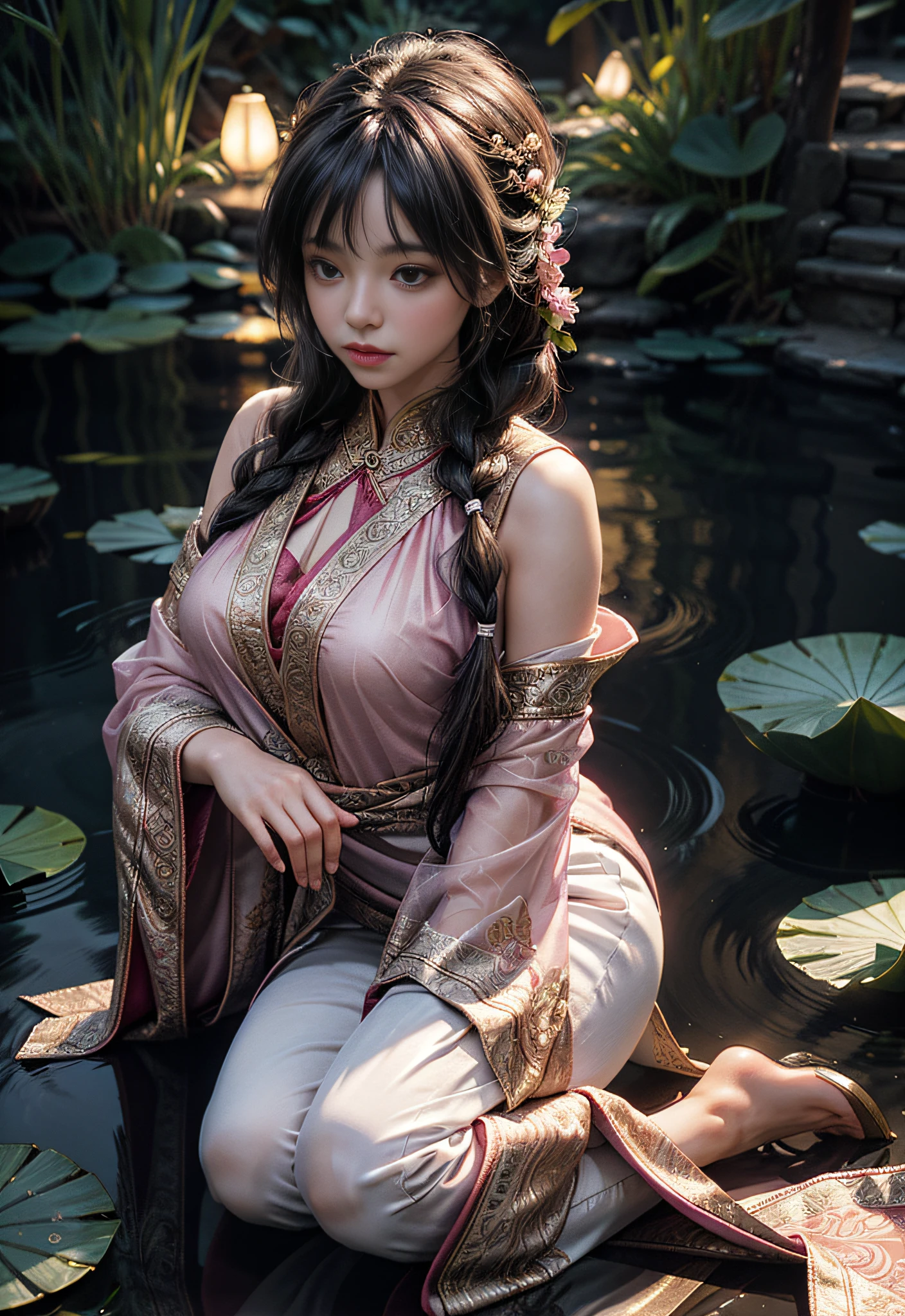 Kneeling in a lotus pond, lots and lots of lotus flowers, art depicts a charming woman in a flowing, silky traditional oriental dress in pink, tight translucent trousers, decorated with intricate patterns and bright colors. Her dress drapes elegantly over her curvy figure, accentuating her seductive silhouette. She knelt gracefully by the tranquil lotus lake, bathed in the soft glow of the moonlight. The scene exudes an ethereal and dreamy atmosphere, with a touch of mystery and sexiness. The graphic style blends watercolor and digital illustration techniques to evoke a refined beauty and charm. The lights are filled with soft moonlight, casting soft highlights and shadows on her charming features. Bare thighs, wearing tight translucent pants, large breasts, three-dimensional facial features, kneeling, upturned legs, side braids