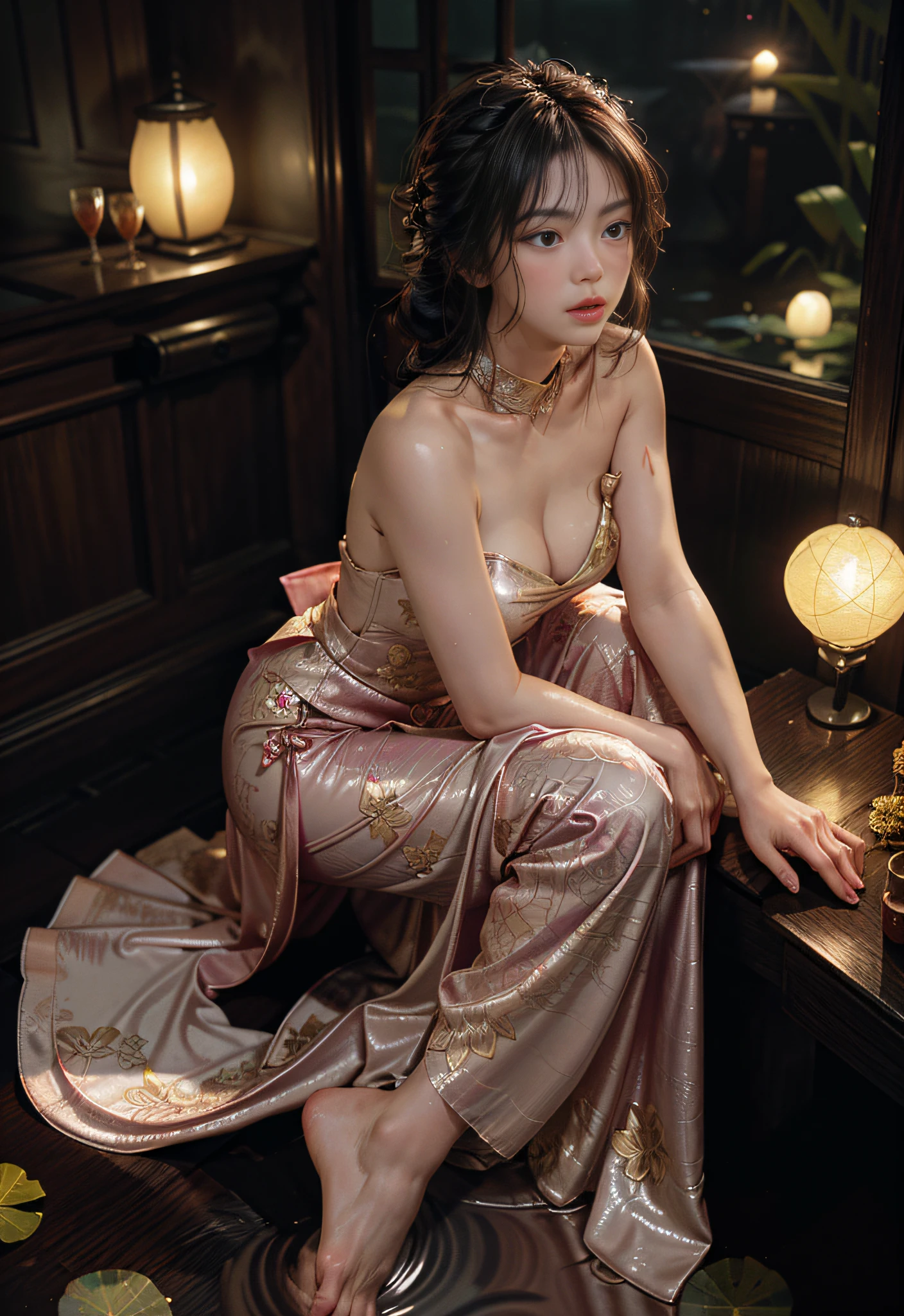 Climbing in the lotus pond, lots and lots of lotus flowers, the art depicts a charming woman, dressed in a flowing, silky traditional oriental dress, pink, tight translucent pants, decorated with intricate patterns and bright colors. Her dress drapes elegantly over her curvy figure, accentuating her seductive silhouette. She knelt gracefully by the tranquil lotus lake, bathed in the soft glow of the moonlight. The scene exudes an ethereal and dreamy atmosphere, with a touch of mystery and sexiness. The graphic style blends watercolor and digital illustration techniques to evoke a refined beauty and charm. The lights are filled with soft moonlight, casting soft highlights and shadows on her charming features. Bare thighs, wearing tight translucent pants, large breasts, three-dimensional facial features, crawling, upturned legs, side braids