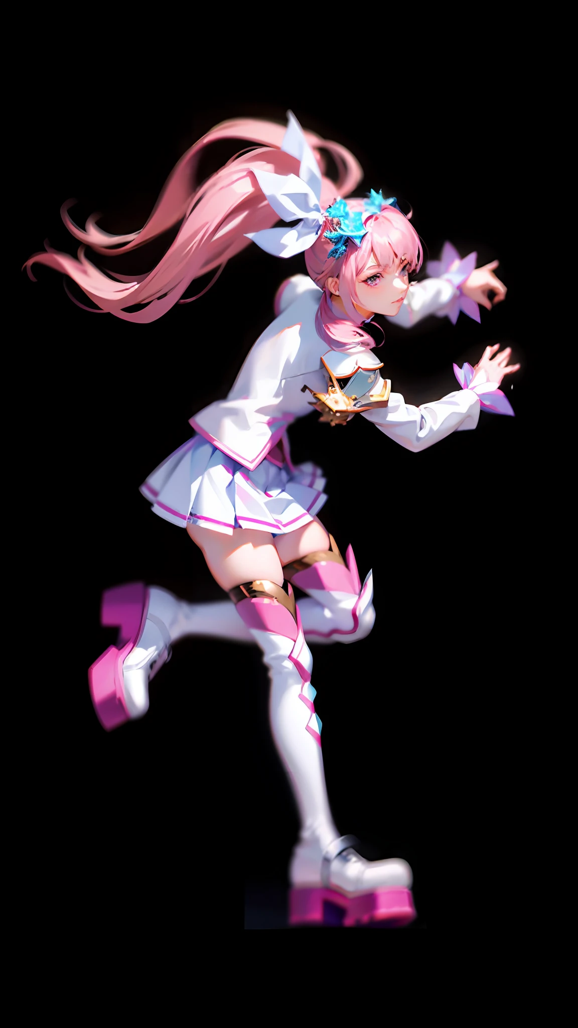 (lora:QuickHand:1.2), (Masterpiece:1.5), (Best quality: 1.5), 8k, (Perfect Hand: 1.5), 1 girl, perfect hand, pink eyes, watery eyes, delicate eyes, star-shaped eyes, beautiful eyes, closed mouth, pink hair, single ponytail, white top, pink pleated skirt, pink over-the-knee socks, white boots, (no background: 1.5), slim legs,