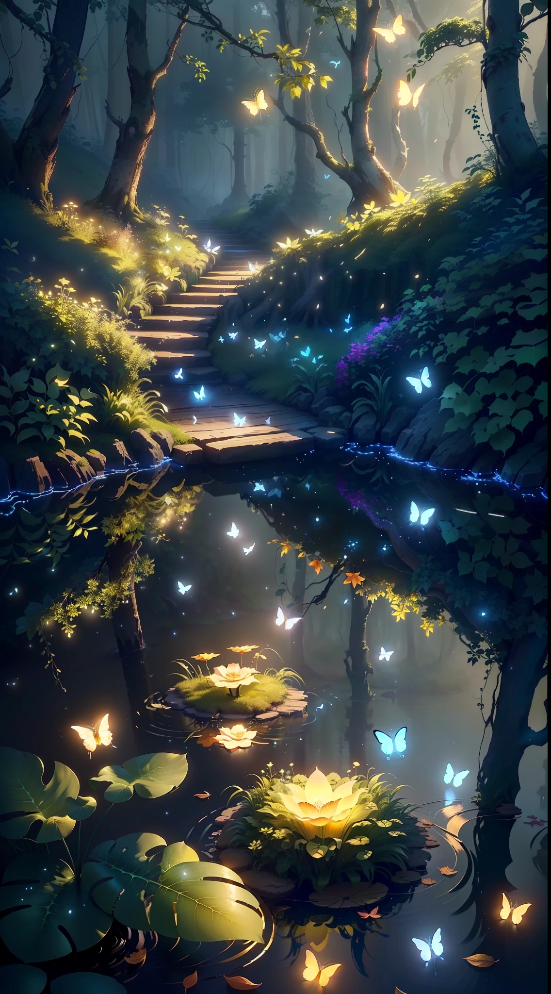 A masterpiece, the best quality, stunning reflections, the best reflections ever. (very detailed CG unity 8k wallpapers), (best quality), (best illustrations), (best shadows), forest theme with natural elements. Tall trees, quiet streams, small glowing mushrooms surrounded by delicate leaves and branches, with fireflies and glowing particle effects,, (natural elements), (jungle theme), (leaves), (twigs), (fireflies), butterflies, (delicate leaves), (glow), (particle effects). , Isometric 3D, Octane Rendering, Ray Traced, Super Detailed