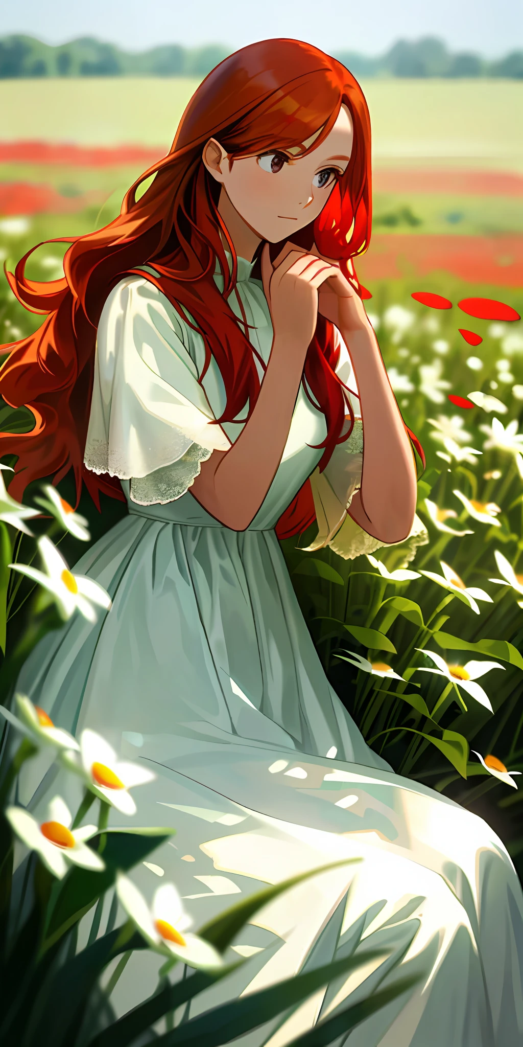 (Masterpiece, best quality), 1 long redhead girl sitting in a field of greenery and flowers, her hands under her chin, warm light, white dress, blurred foreground