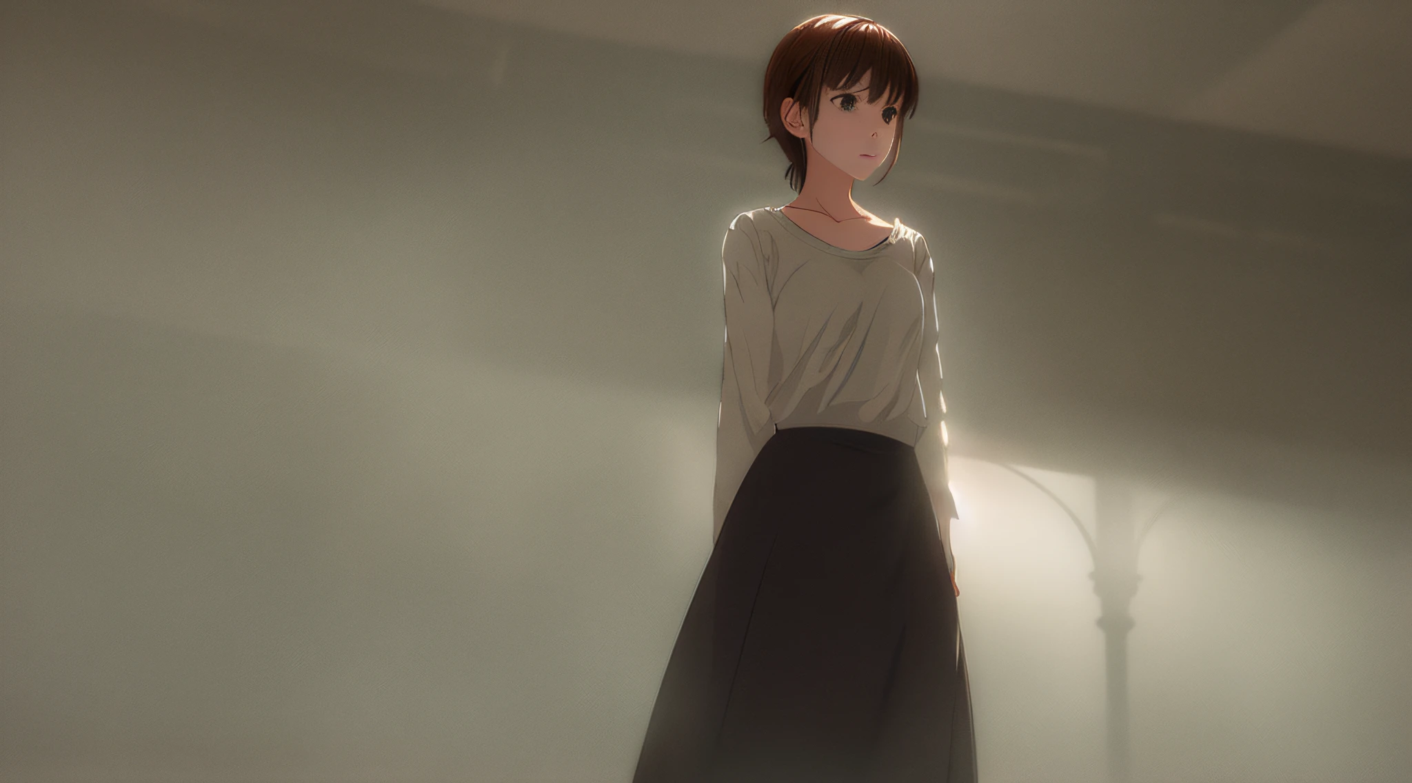 Detailed and perfect anime style illustration, brown short hair, very cute young woman, perfect round eyes, female focus, solo, wearing gray shirt, wearing gray long skirt. Stunned, wistful expression, daydream, mysterious background wrapped in dramatic and fantastic fog, dramatic lighting Makoto Shinkai