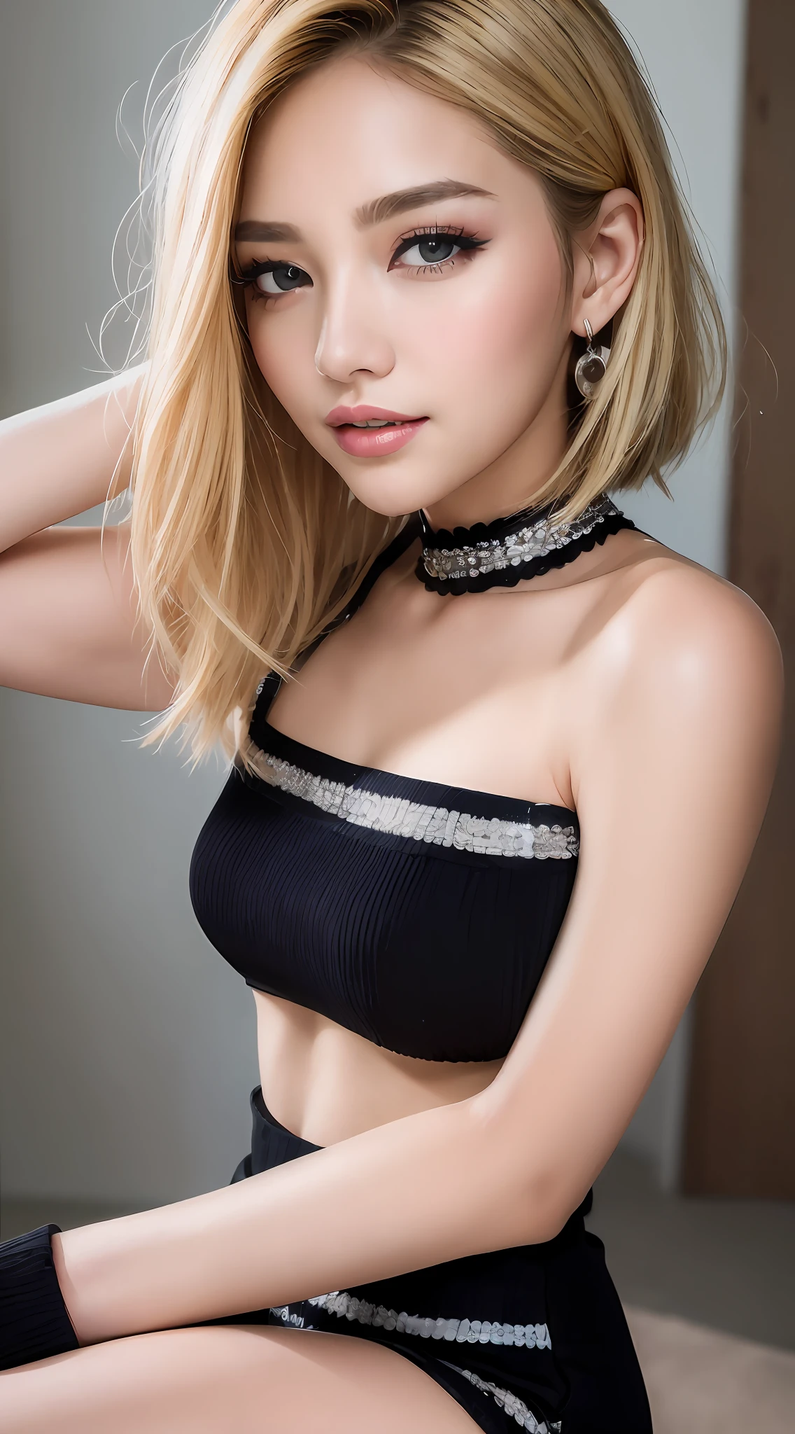 ((Best Quality, 8k, Masterpiece:1.3)), Beauty, Full Body, 1 Girl, Makeup: 1.3, Smile, Ultra Detailed Face, Very Detailed Lips, Detailed Eyes, Double Eyelids, Blonde Hair, Short Hair, Straight Hair, K-pop Idol Wearing a Black Vest Over a White T-Shirt