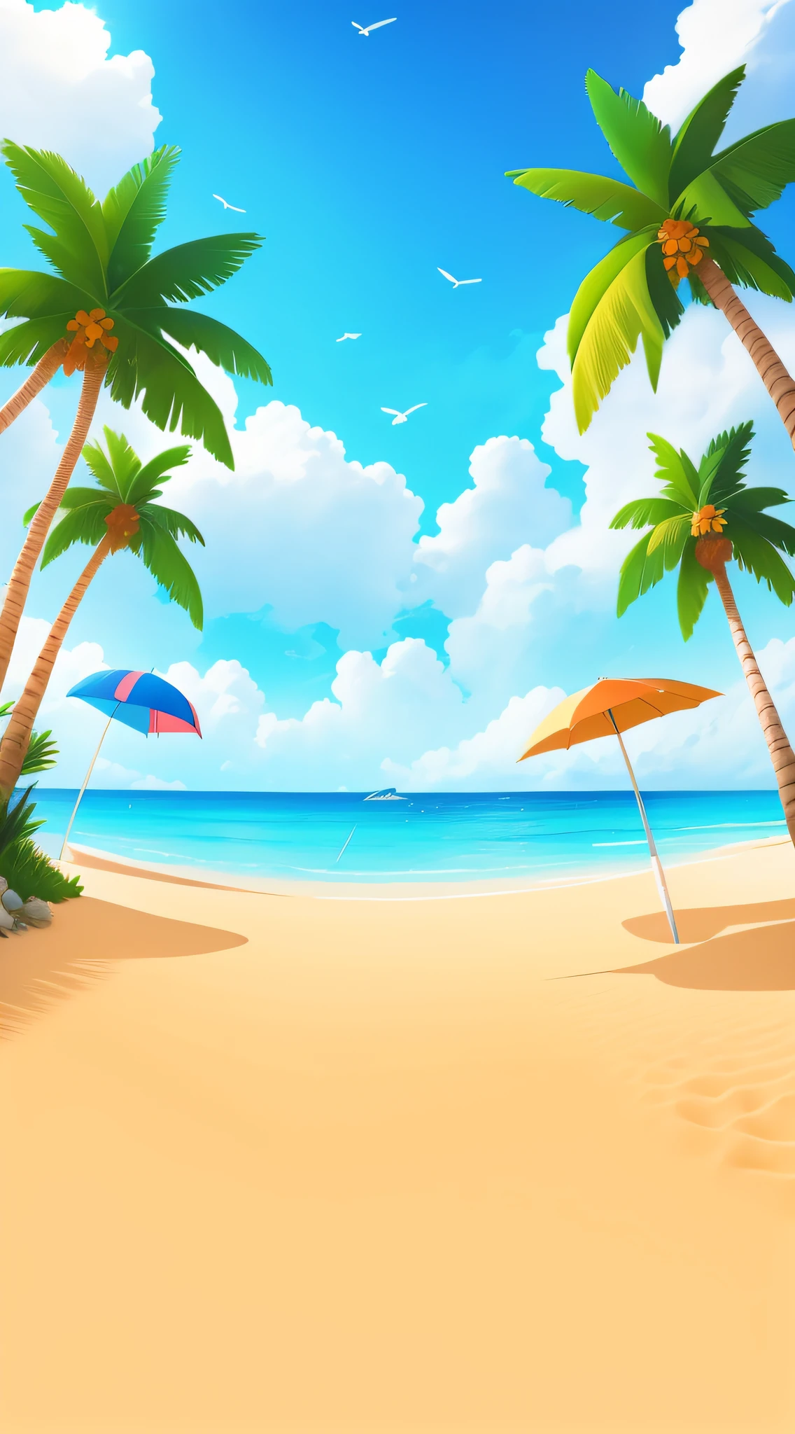 there are three palm trees on the beach with umbrellas, tropical beach paradise, sunny day at beach, beach background, tropical beach, beach landscape, at a tropical beach, beautiful tropical island beach, 4 k hd wallpaper illustration, beach, beautiful beach, mediterranean beach background, breezy background, island background, seaside backgroud, beach scene, beautiful magical palm beach, background art