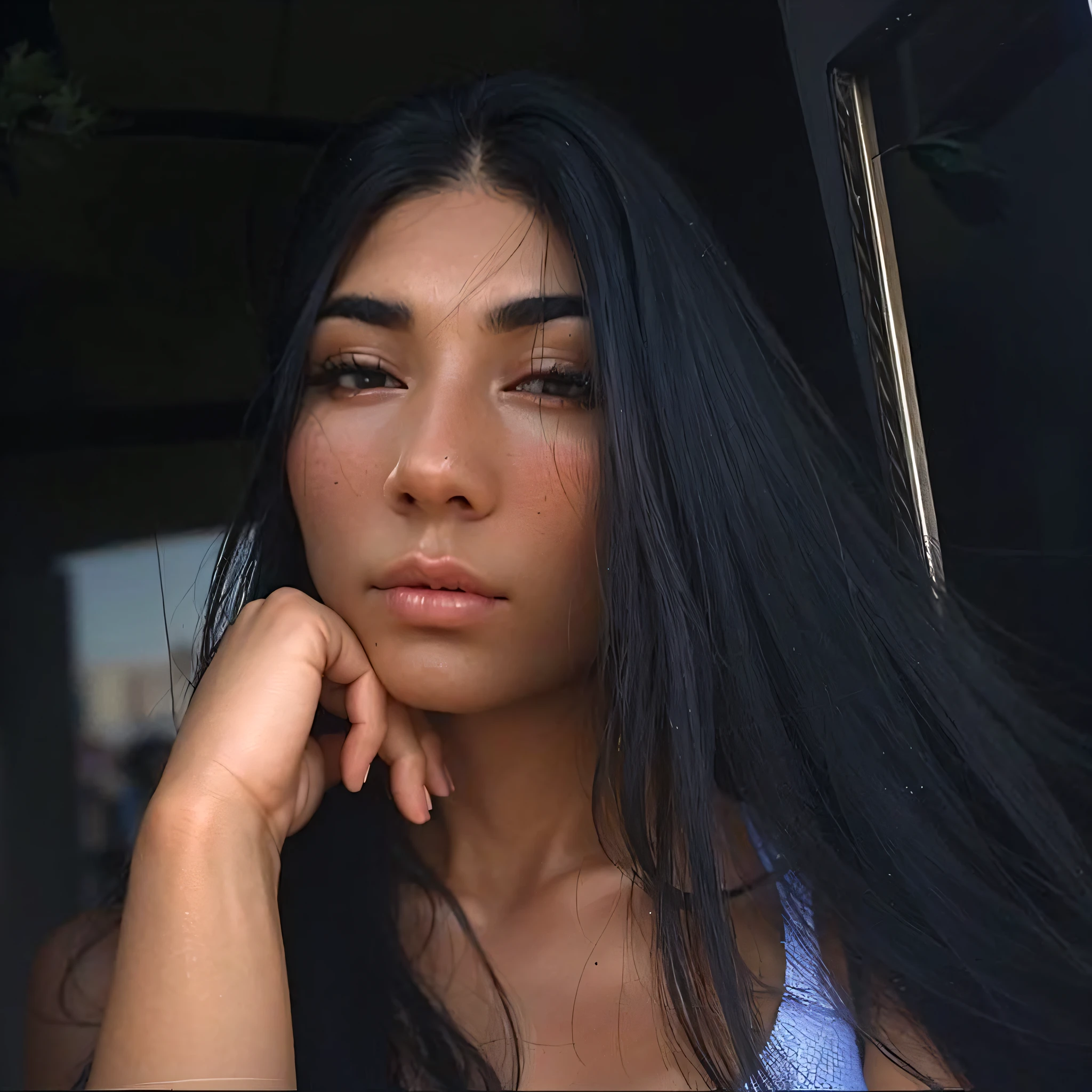 There's a woman with long black hair and a white tank top, Violet Myers, Alanis Guillen, gorgeous Latino face, with straight black hair, front photo, woman with long black hair, 18 years old, she's got olive brown skin, looking off camera, ayahausca, she's facing the camera, 8k, realistic, corpuda --auto --s2