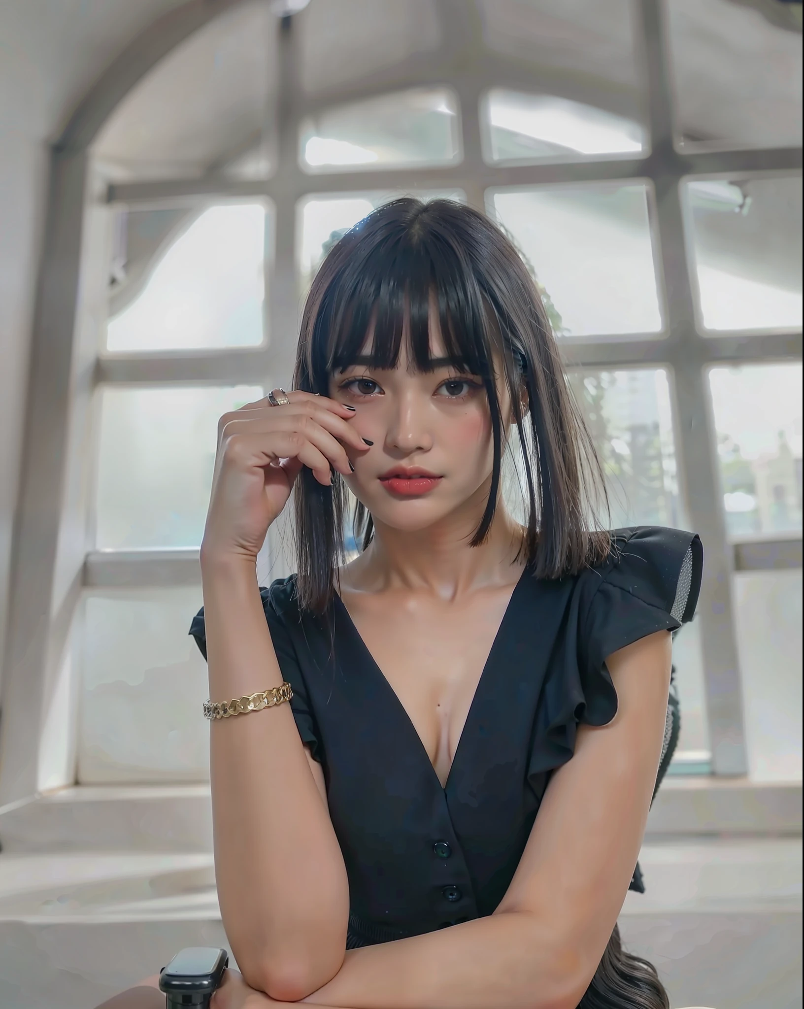 araffe woman with black hair and a black dress sitting on a chair, with bangs, she has black hair with bangs, neat hair with bangs, with full bangs, hair blackbangs hair, black bangs, long hair with bangs, long hair with full bangs, long black hair with bangs, with short hair, 🤤 girl portrait, captured on canon eos r 6