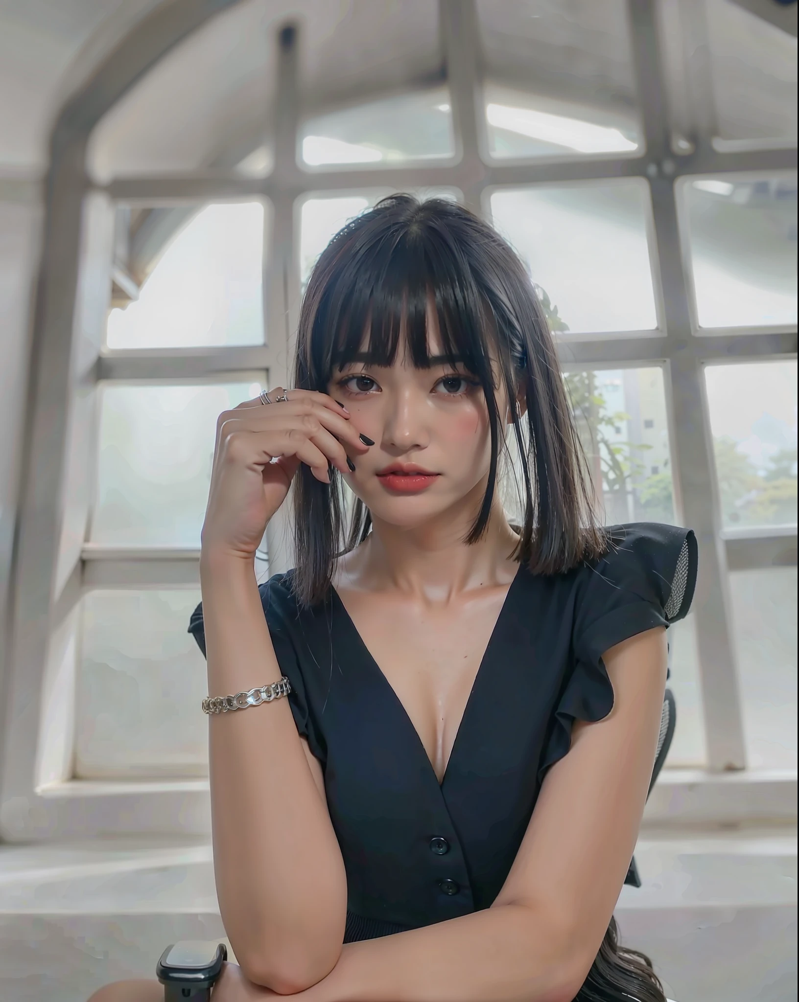 araffe woman with black hair and a black dress sitting on a chair, with bangs, she has black hair with bangs, neat hair with bangs, with full bangs, hair blackbangs hair, black bangs, long hair with bangs, long hair with full bangs, long black hair with bangs, with short hair, 🤤 girl portrait, captured on canon eos r 6
