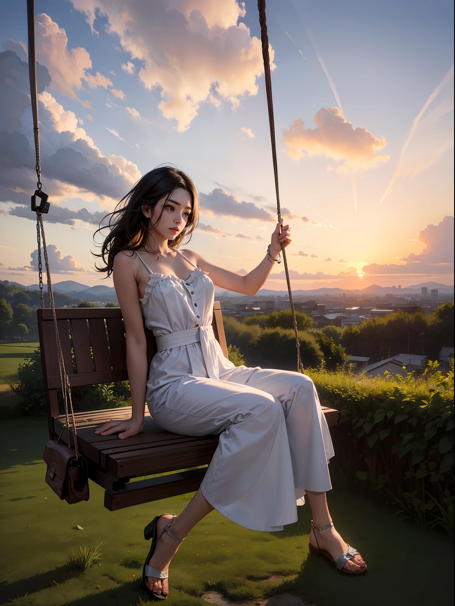 1 beauty sitting on a swing, delicate facial features, scene: dusk, clouds,