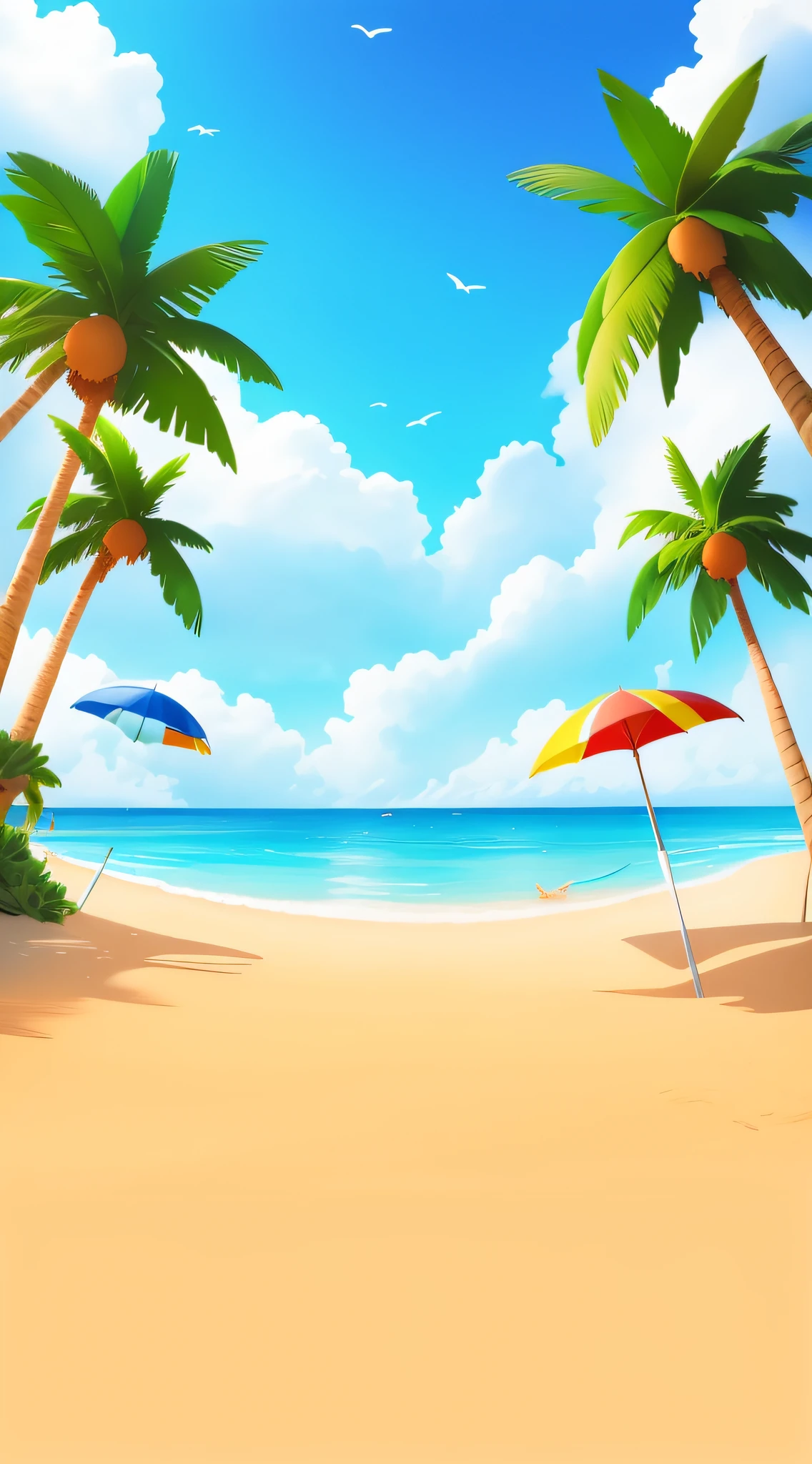 there are three palm trees on the beach with umbrellas, tropical beach paradise, sunny day at beach, beach background, tropical beach, beach landscape, at a tropical beach, beautiful tropical island beach, 4 k hd wallpaper illustration, beach, beautiful beach, mediterranean beach background, breezy background, island background, seaside backgroud, beach scene, beautiful magical palm beach, background art