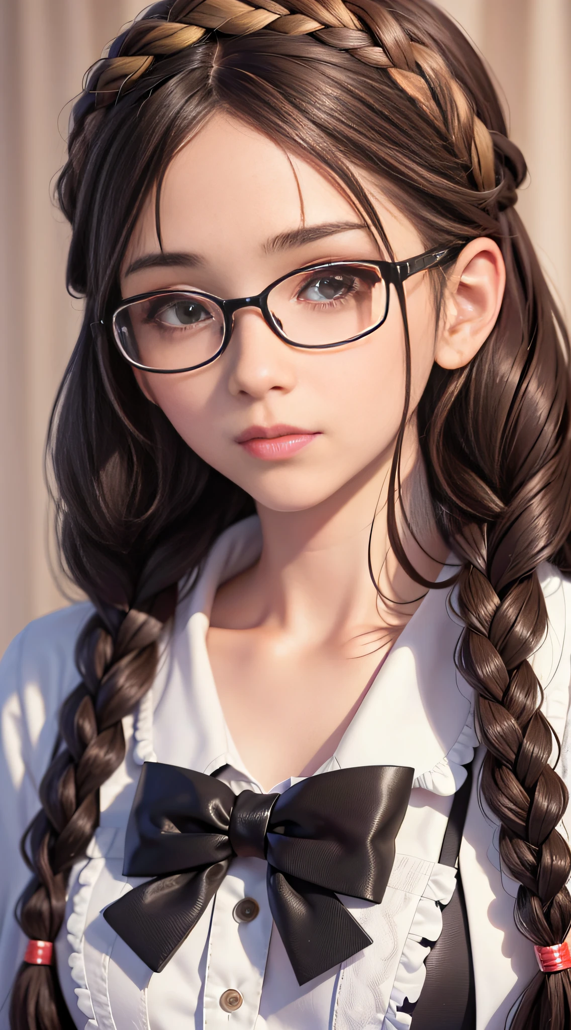 1girl,braid,glasses,headband,solo,twin braids,black hair,brown eyes,brown hair,long hair,looking at viewer,lips