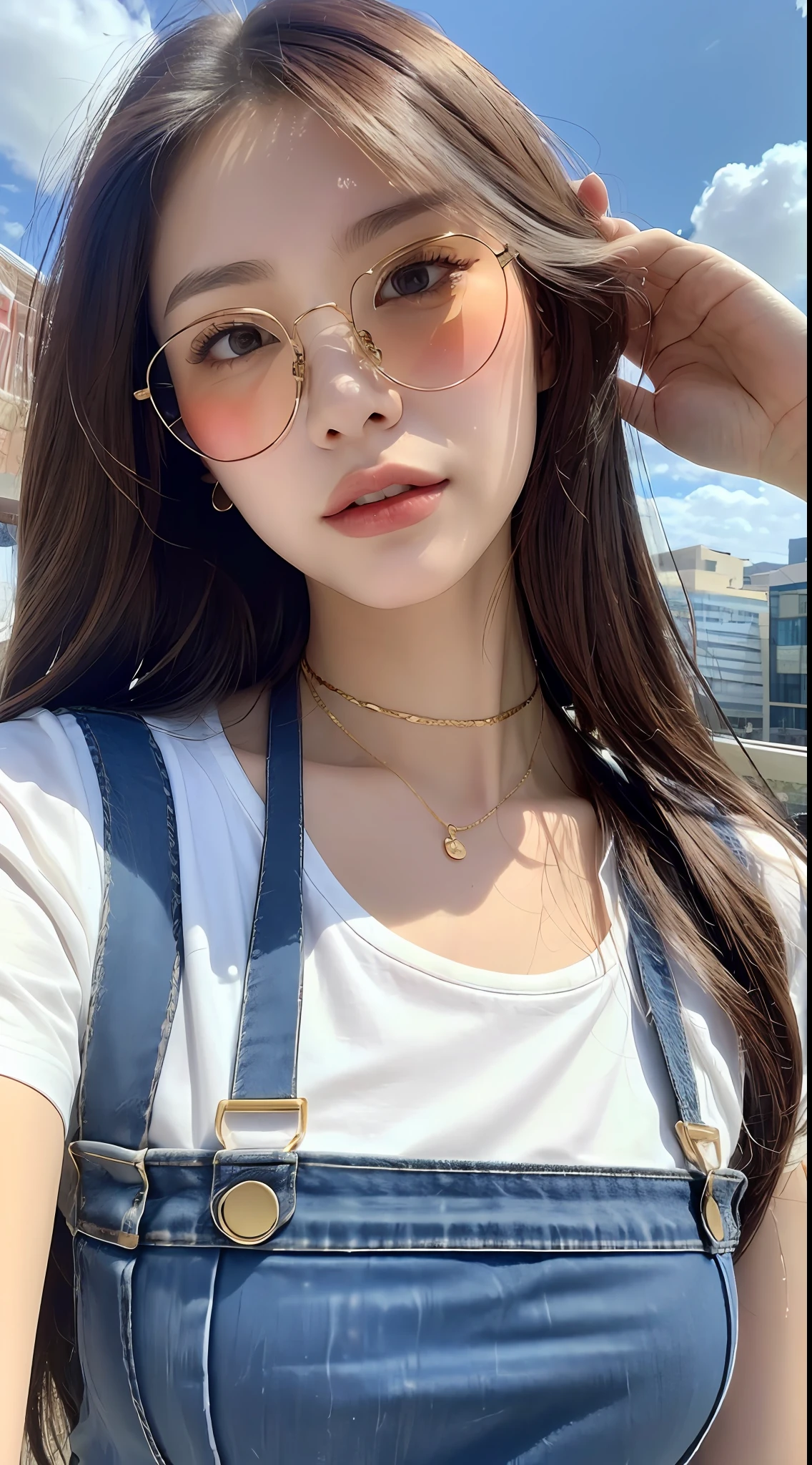 (Daytime, Premium, 8K, Masterpiece:1.3)), Full body, Long legs, Focal length: 1.2, Perfect Body Beauty: 1.4, Slim Abs: 1.1, ((Dark Brown Hair, Big Breasts: 1.2 )), (White Skinny T-shirt, Denim Suspenders, Standing: 1.2), ((City, Blue Sky and White Clouds: 1.3)), Highly detailed face and skin texture, Detailed eyes, Double eyelids, wearing gold glasses, long flying hair