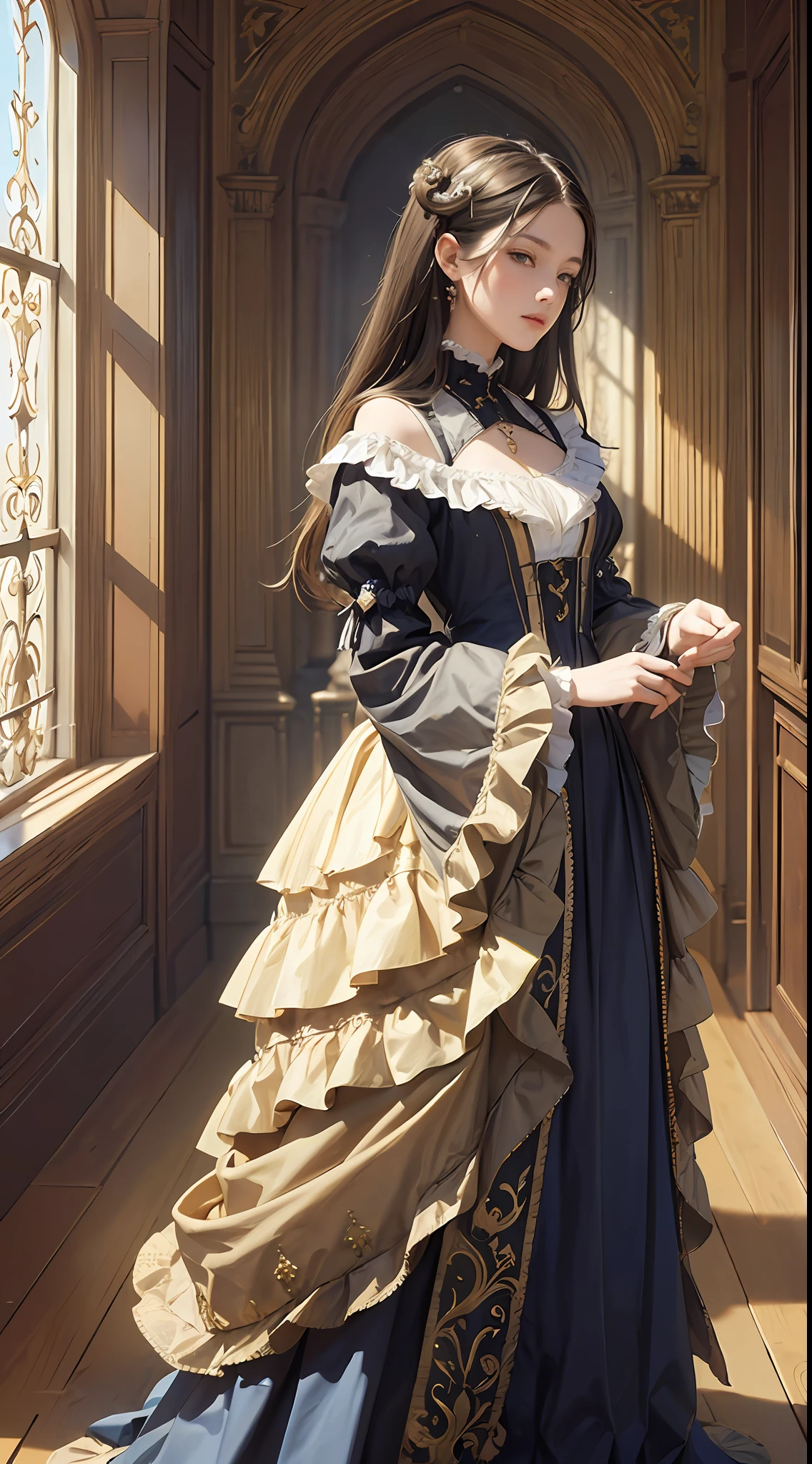 (Pure Color: 0.9), (Color: 1.1), (Masterpiece: 1,2) 30 years old, Best Quality, Masterpiece, High Resolution, Original, Highly Detailed Wallpaper, Beauty, Victorian, Dress, Melancholy, Sepia Color, 30 years old --auto --s2