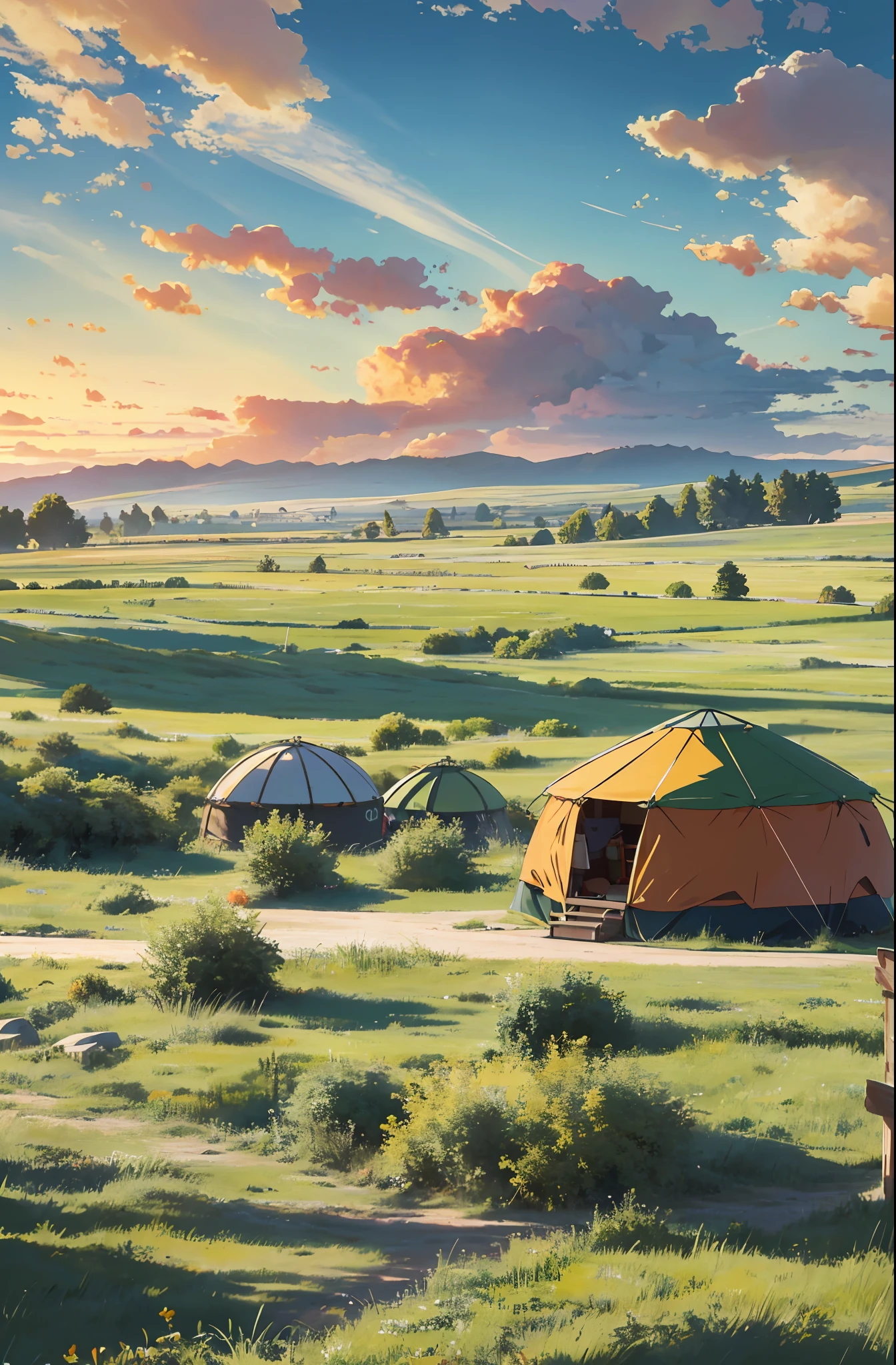 Vast green prairie, masterpiece, best quality, 4K, orange yurt, nice sky, several scalpers, movie poster level --auto --s2