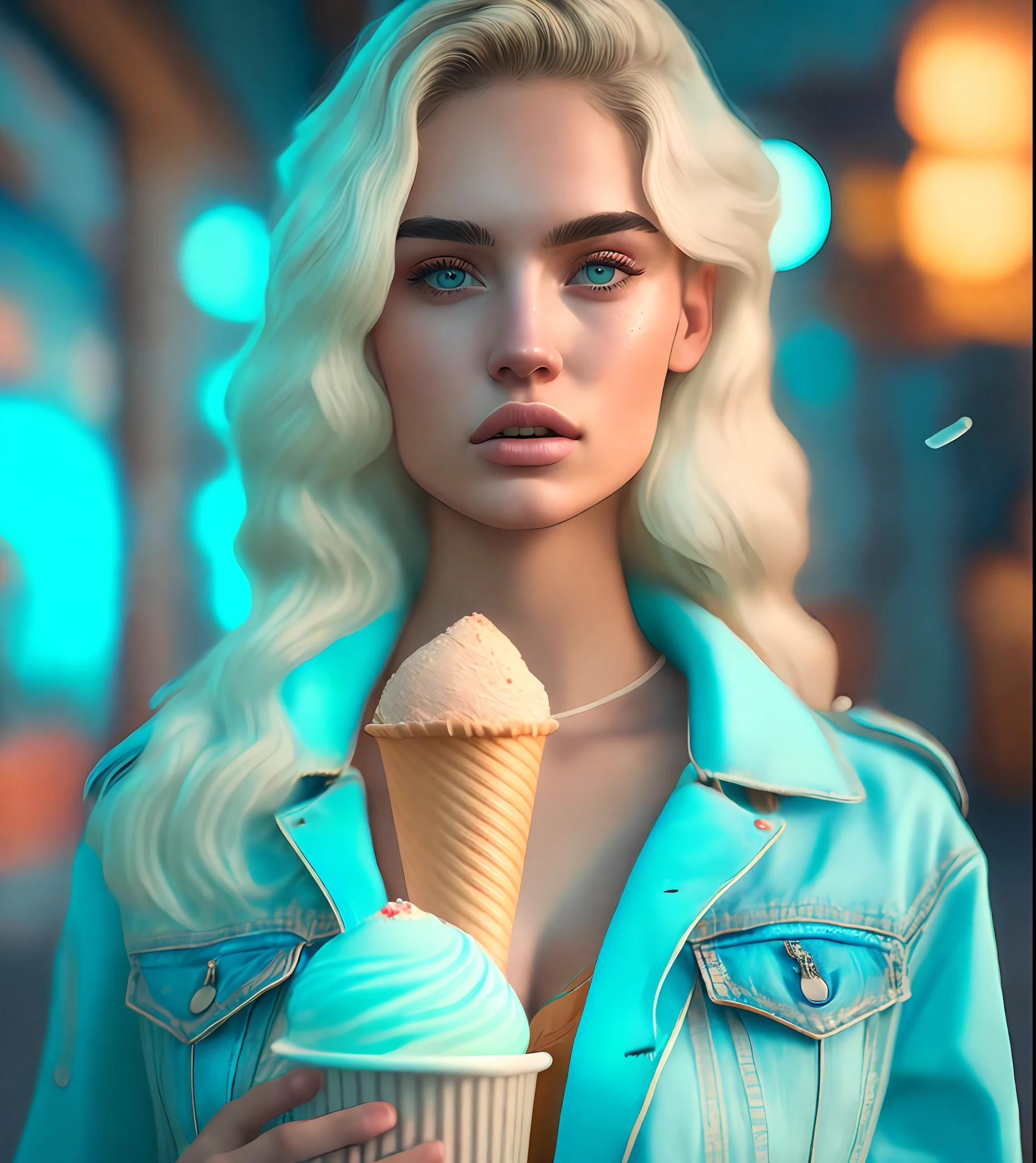 raw picture of a cute 21-year-old girl holds a cone of melting ice cream in her hand, licks the ice cream flows down her arms and chin, wearing turquoise jeans jacket, blonde, ((high detailed skin, skin details)), sharp focus, volumetric fog, 8k uhd, dslr, high quality, film grain, cute breasts, knickers, stockings, post-processing, max detail, massive scale, detailed, makeup, skin details, blushing, nostrills, roughness, real life, ultra realistic, realistic, photorealism, photography, cryengine, ultra realistic, 8k uhd, photography, SEMI-SILHOUETTE light