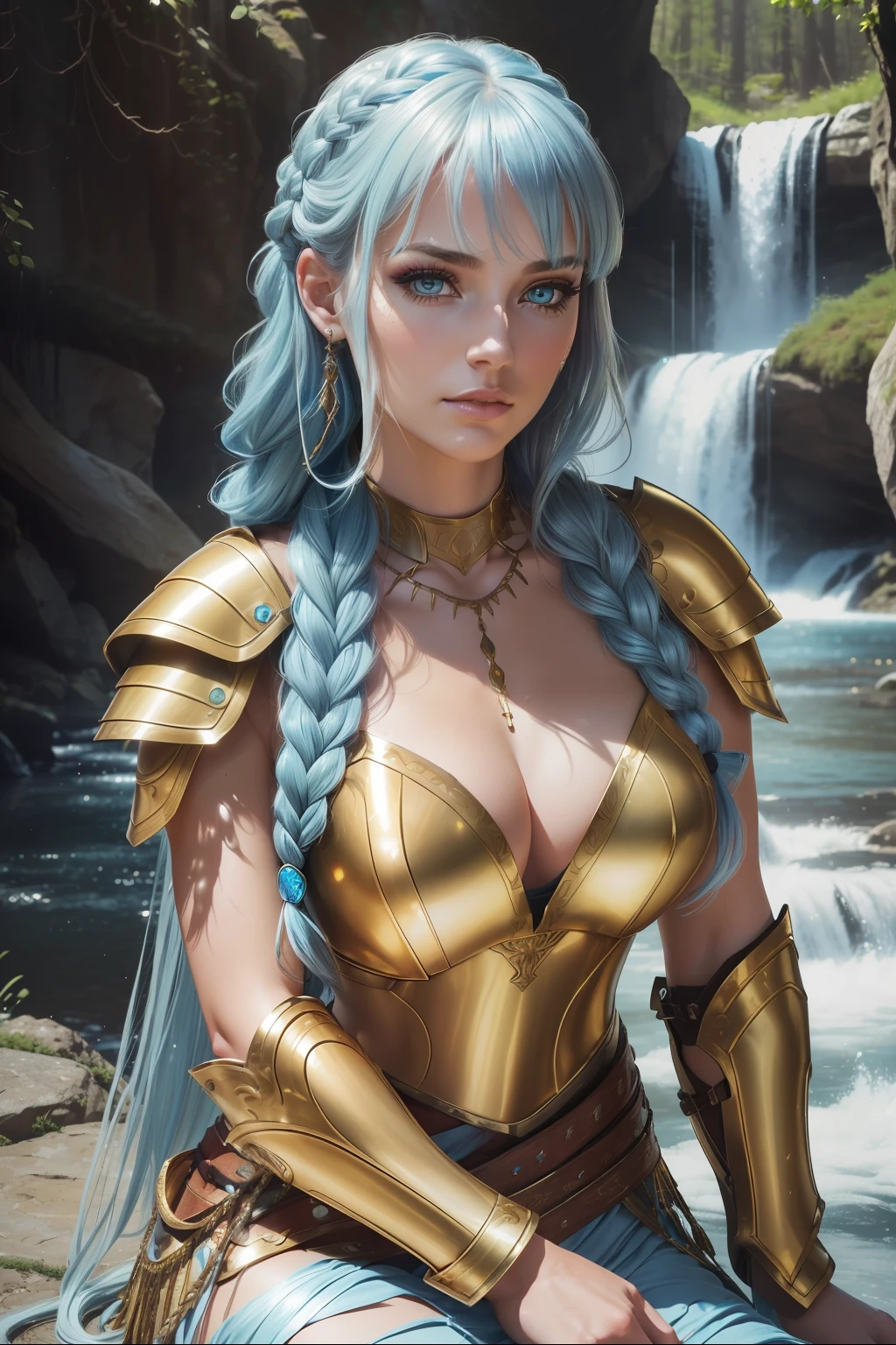 ((best quality, realistic photo, RAW photo, detailed skin and eyes, beautiful female, 30yo, beautiful makeup, natural light)), (loose gold metallic full armor), necklace, cowboy shot, sitting, female_orgasm, light blue side braid long hair, (detailed bang), (Waterfall background)