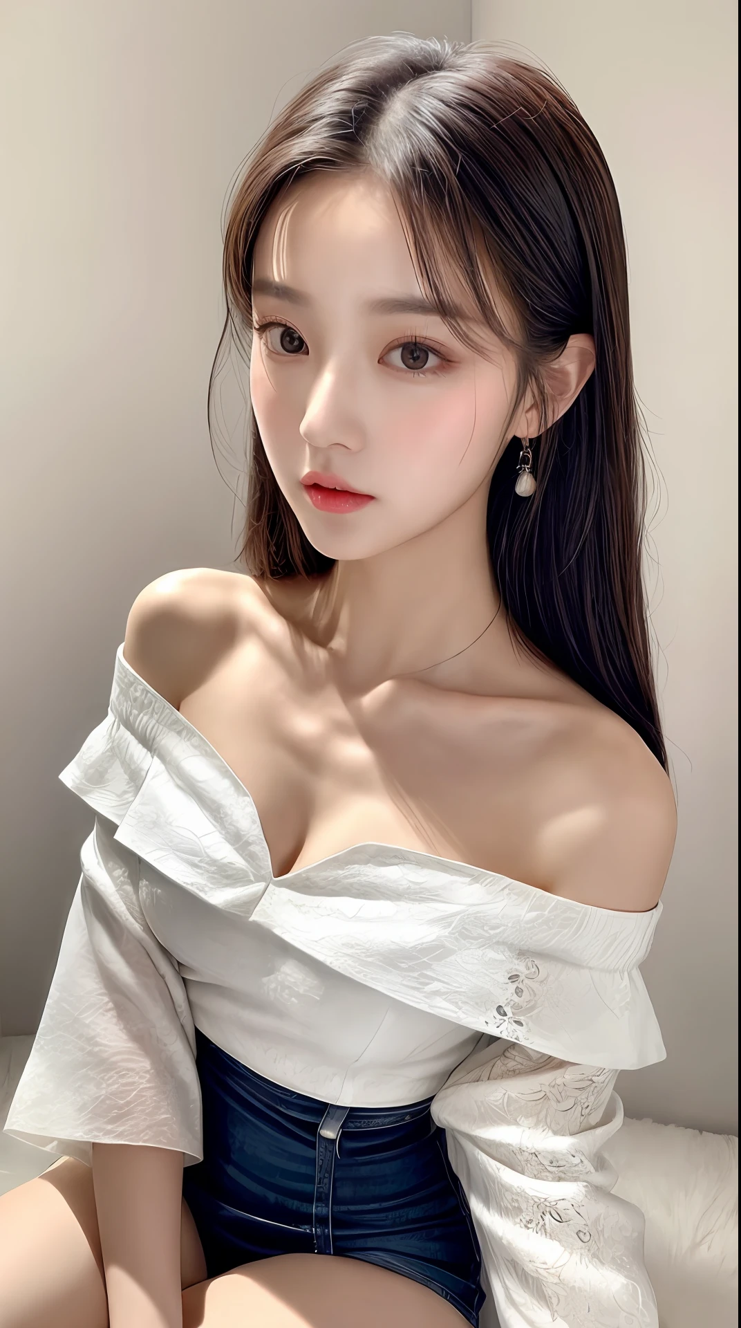 Fashion trendy beautiful and charming woman, gentle and charming Chinese beautiful woman, Korean(kpop-idol), delicate and sexy collarbone, charming oval face, double eyelids, smart [peach]blossom eyes, pink lips, small nose, bare shoulders, focus on the face, close-up of the face, Ultra-high-definition, super-detailed, the ((loose)), white off-the-shoulder shirt perfectly echoes the light blue high slit miniskirt, (chest cutout). ((black)lace panties), fresh and impressive, Natural(medium breasts:1.25), (nsfw:1.2)