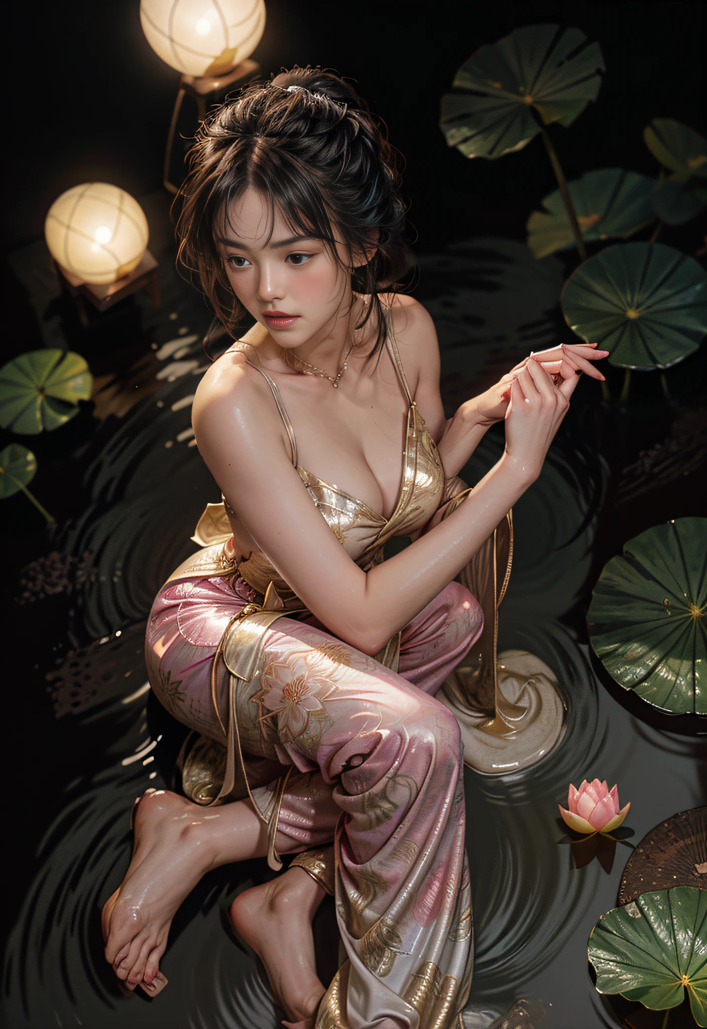Climbing in the lotus pond, lots and lots of lotus flowers, the art depicts a charming woman, dressed in a flowing, silky traditional oriental dress, pink, tight translucent pants, decorated with intricate patterns and bright colors. Her dress drapes elegantly over her curvy figure, accentuating her seductive silhouette. She knelt gracefully by the tranquil lotus lake, bathed in the soft glow of the moonlight. The scene exudes an ethereal and dreamy atmosphere, with a touch of mystery and sexiness. The graphic style blends watercolor and digital illustration techniques to evoke a refined beauty and charm. The lights are filled with soft moonlight, casting soft highlights and shadows on her charming features. Bare thighs, wearing tight translucent pants, large breasts, three-dimensional facial features, crawling, upturned legs, side braids