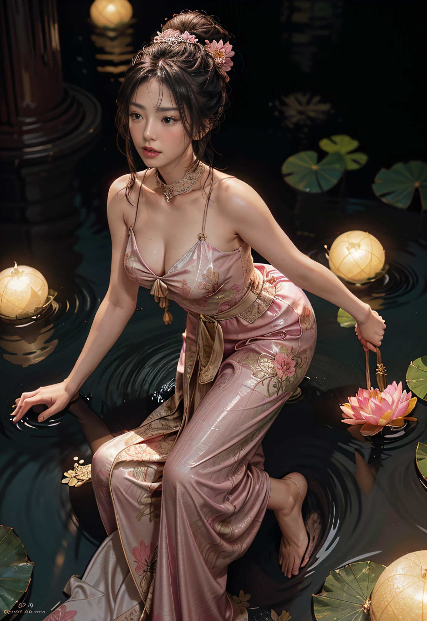 Climbing in the lotus pond, lots and lots of lotus flowers, the art depicts a charming woman, dressed in a flowing, silky traditional oriental dress, pink, tight translucent pants, decorated with intricate patterns and bright colors. Her dress drapes elegantly over her curvy figure, accentuating her seductive silhouette. She knelt gracefully by the tranquil lotus lake, bathed in the soft glow of the moonlight. The scene exudes an ethereal and dreamy atmosphere, with a touch of mystery and sexiness. The graphic style blends watercolor and digital illustration techniques to evoke a refined beauty and charm. The lights are filled with soft moonlight, casting soft highlights and shadows on her charming features. Bare thighs, wearing tight translucent pants, large breasts, three-dimensional facial features, crawling, upturned legs, side braids